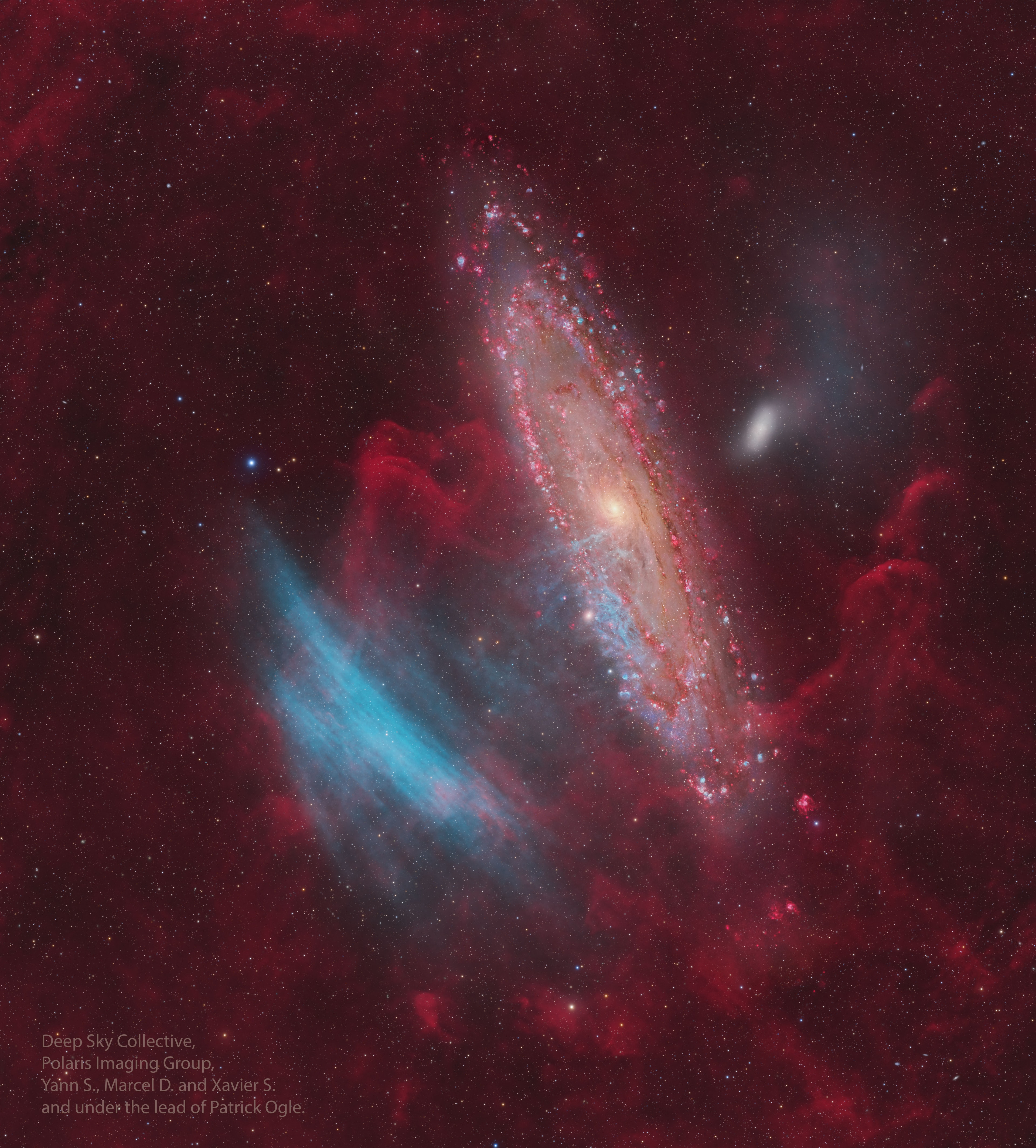 What are these gigantic blue arcs near the Andromeda Galaxy (M31)?  Discovered in 2022 by amateur astronomers, the faint arcs -- dubbed SDSO 1 -- span nearly the same angular size as M31 itself.  At first, their origin was a mystery: are they actually near the Andromeda Galaxy, or alternatively near to our Sun?  Now, over 550 hours of combined exposure and a collaboration between amateur and professional astronomers has revealed strong evidence for their true nature: SDSO 1 is not intergalactic, but a new class of planetary nebula within our galaxy.  Dubbed a Ghost Planetary Nebula (GPN), SDSO 1 is the first recognized member of a new subclass of faded planetary nebulas, along with seven others also recently identified.  Shown in blue are extremely faint oxygen emission from the shock waves, while the surrounding red is a hydrogen-emitting trail that indicates the GPN's age.