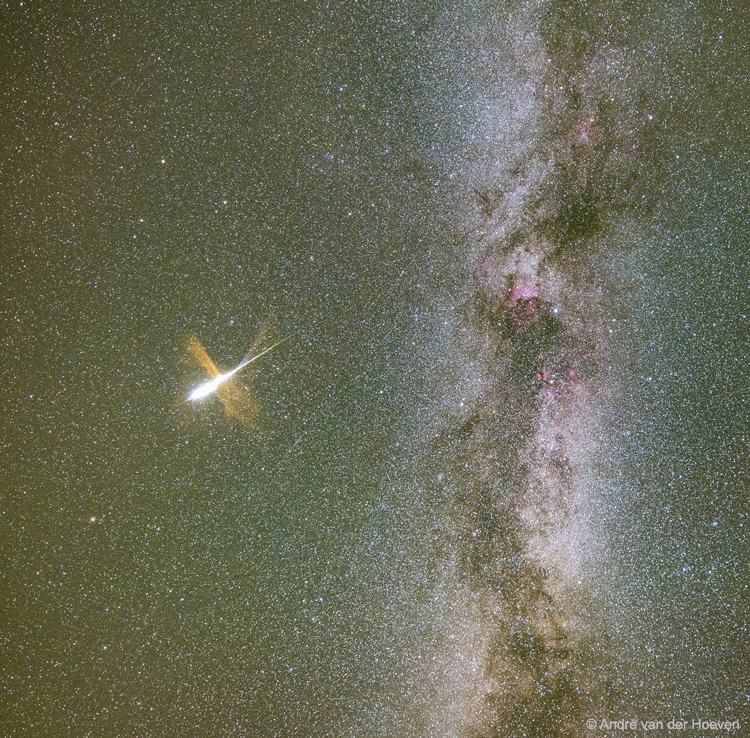 In about a week the Perseid Meteor Shower will reach its maximum.  Grains of icy rock will streak across the sky as they evaporate during entry into Earth's atmosphere.  These grains were shed from Comet Swift-Tuttle.  The Perseids result from the annual crossing of the Earth through Comet Swift-Tuttle's orbit, and are typically the most active meteor shower of the year.  Although it is hard to predict the level of activity in any meteor shower, in a clear dark sky an observer might see a meteor a minute.  This year's Perseids peak just a few days after  full moon, and so some faint meteors will be lost to the lunar skyglow.  Meteor showers in general are best seen from a relaxing position, away from lights.  Featured here is a meteor caught exploding during the 2015 Perseids above Austria next to the central band of our Milky Way Galaxy.
