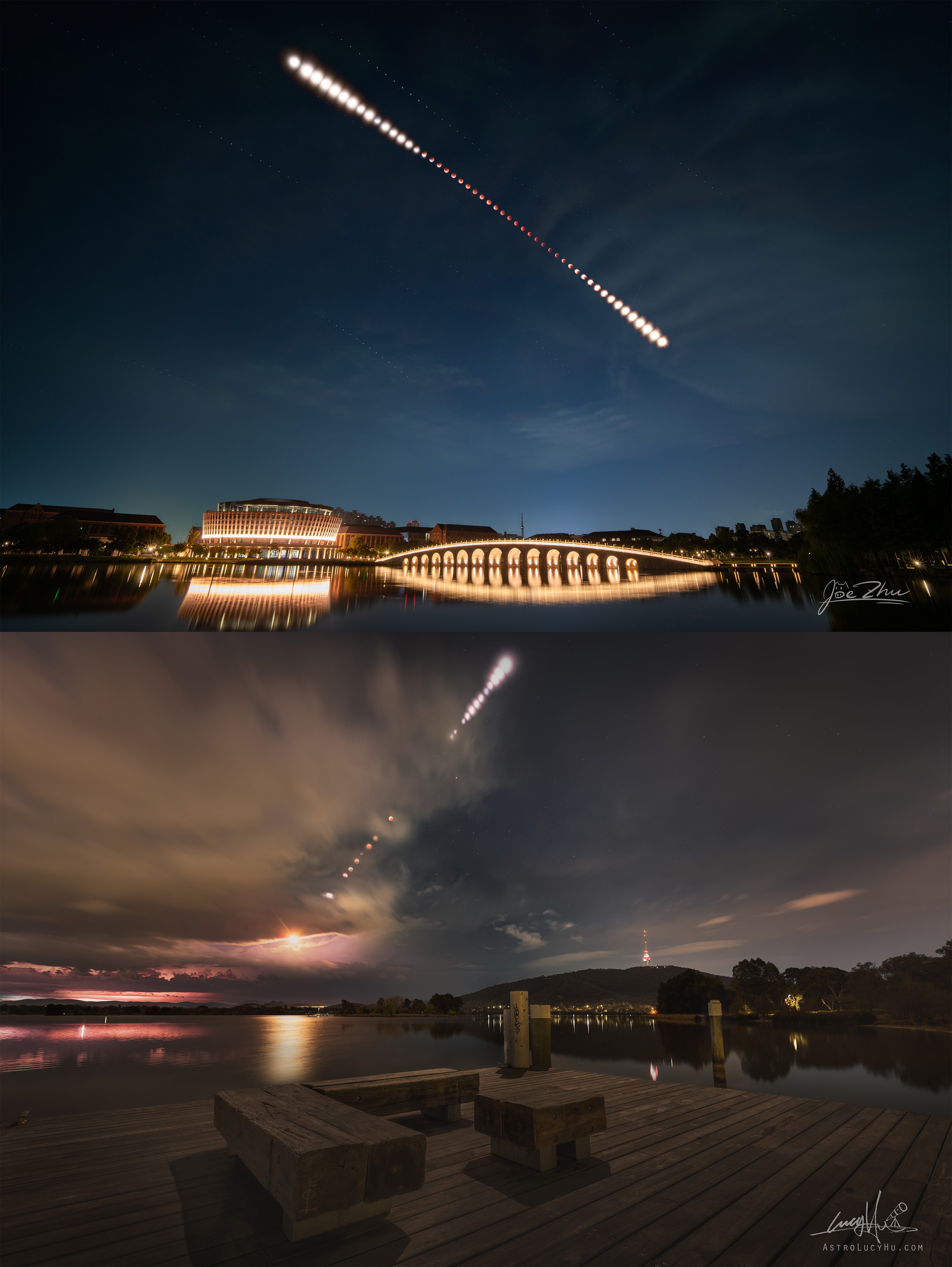 September's total lunar eclipse is tracked across night skies from both the northern and southern hemispheres of planet Earth in these two dramatic timelapse series. In the northern hemisphere sequence (top panel) the Moon’s trail arcs from the upper left to the lower right. It passes below bright planet Saturn, seen under mostly clear skies from the international campus of Zhejiang University in China at about 30 degrees north latitude. In contrast, the southern hemisphere view from Lake Griffin, Canberra, Australia at 35 degrees south latitude, records the Moon’s trail from the upper right to the lower left. Multiple lightning flashes from thunderstorms near the horizon appear reflected in the lake. Both sequences were photographed with 16mm wide-angle lenses and both cover the entire eclipse, with the darkened red Moon totally immersed in Earth's umbral shadow near center. But the different orientations of the Moon’s path across the sky reveal the perspective shifts caused by the views from northern vs. southern latitudes.