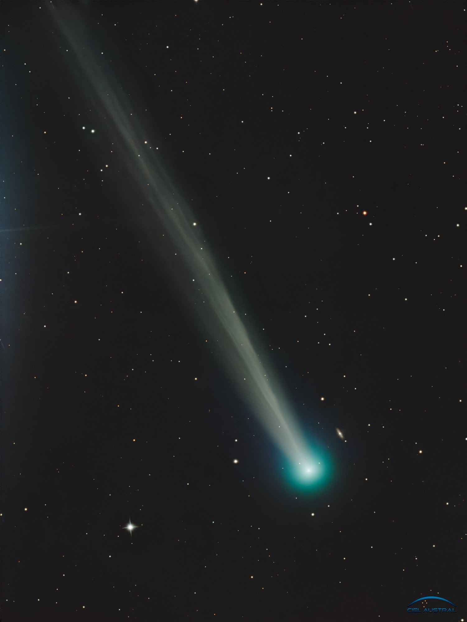 A new visitor from the outer Solar System, comet C/2025 R2 (SWAN) also known as SWAN25B was only discovered late last week, on September 11. That's just day before the comet reached perihelion, its closest approach to the Sun. First spotted by Vladimir Bezugly in images from the SWAN instrument on the sun-staring SOHO spacecraft, the comet was surprisingly bright but understandably difficult to see against the Sun's glare. Still close to the Sun on the sky, the greenish coma and tail of C/2025 R2 (SWAN) are captured in this telescopic snapshot from September 17. Spica, alpha star of the constellation Virgo, shines just beyond the upper left edge of the frame while the comet is about 6.5 light-minutes from planet Earth. Near the western horizon after sunset and slightly easier to see in binoculars from the southern hemisphere, this comet SWAN will pass near Zubenelgenubi, alpha star of Libra, on October 2.  C/2025 R2 (SWAN) is scheduled to make its closest approach to our fair planet around October 20.