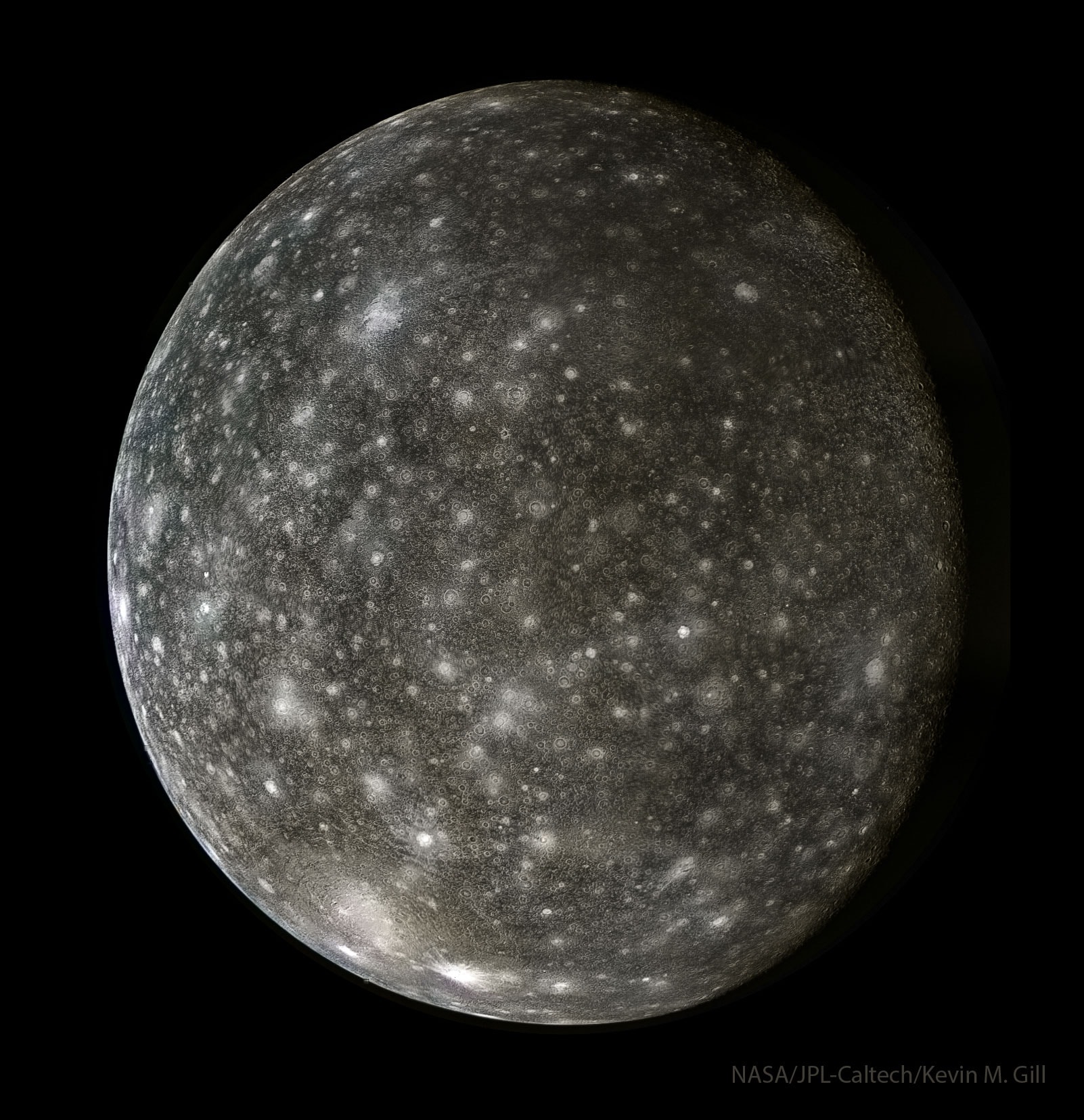 Its surface is the most densely cratered in the Solar System -- but what's inside?  Jupiter's moon Callisto is a battered ball of dirty ice that is larger than the planet Mercury. It was visited by NASA's Galileo spacecraft in the 1990s and 2000s, but the recently reprocessed featured image is from a flyby of NASA's Voyager 2 in 1979.  The moon would appear darker if it weren't for the tapestry of light-colored fractured surface ice created by eons of impacts. The interior of Callisto is potentially even more interesting because therein might lie an internal layer of liquid water. This potential underground sea is a candidate to harbor life -- similar with sister moons Europa and Ganymede.  Callisto is slightly larger than Luna, Earth's Moon, but because of its high ice content is slightly less massive. ESA's JUICE and NASA's Europa Clipper missions are now headed out to Jupiter to better investigate its largest moons.