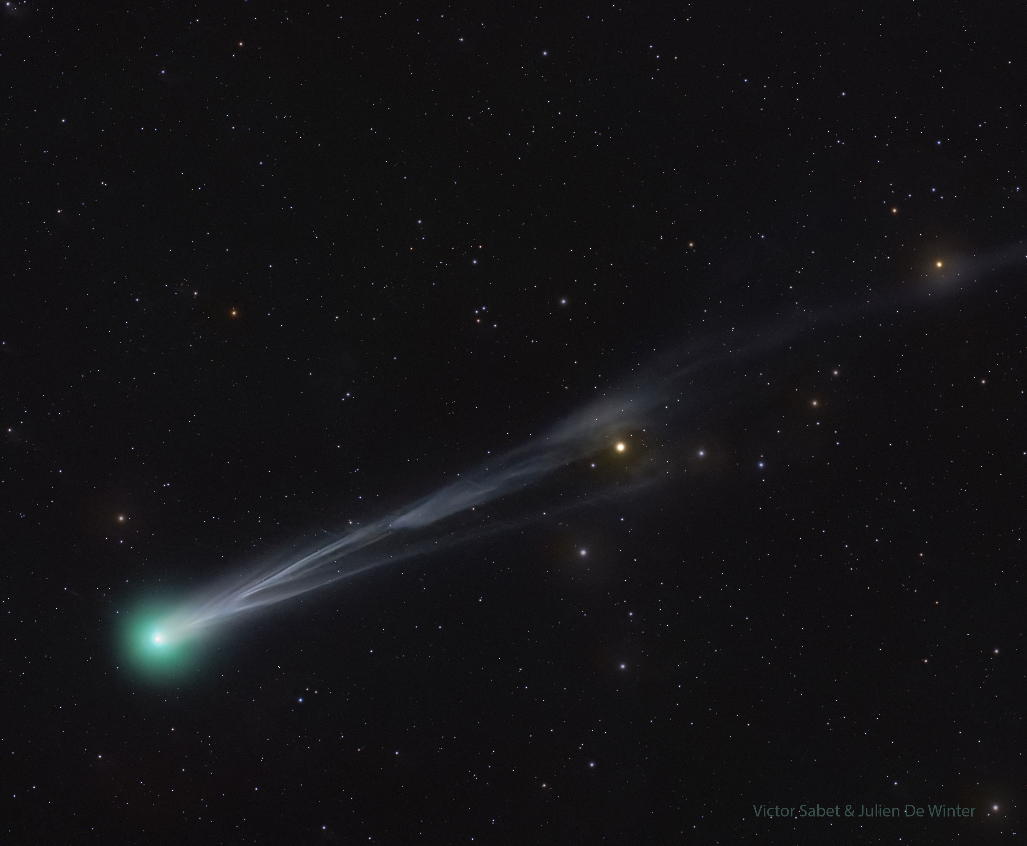 Comet Lemmon is brightening and moving into morning northern skies. Besides Comet SWAN25B and Comet ATLAS, Comet C/2025 A6 (Lemmon) is now the third comet currently visible with binoculars and on long camera exposures.  Comet Lemmon was discovered early this year and is still headed into the inner Solar System. The comet will round the Sun on November 8, but first it will pass its nearest to the Earth -- at about half the Earth-Sun distance -- on October 21.  Although the brightnesses of comets are notoriously hard to predict, optimistic estimates have Comet Lemmon then becoming visible to the unaided eye. The comet should be best seen in predawn skies until mid-October, when it also becomes visible in evening skies.  The featured image showing the comet's split and rapidly changing ion tail was taken in Texas, USA late last week.    Growing Gallery: Comet Lemmon in 2025