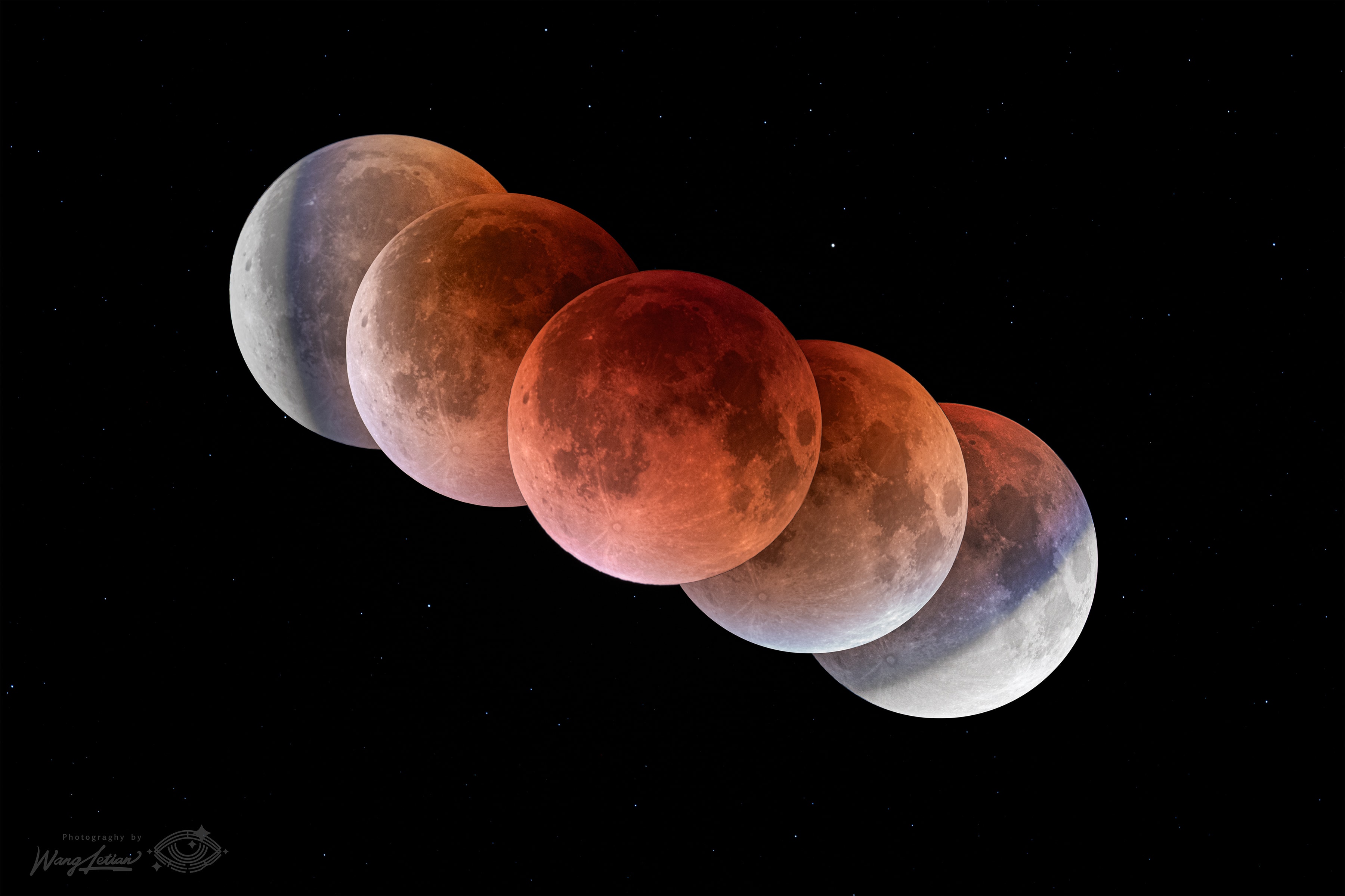 The dark, inner shadow of planet Earth is called the umbra. Shaped like a cone extending into space, it has a circular cross section most easily seen during a lunar eclipse. And on the night of September 7/8 the Full Moon passed near the center of Earth's umbral cone, entertaining eclipse watchers around much of our fair planet, including parts of Antarctica, Australia, Asia, Europe, and Africa. Recorded from Zhangjiakou City, China, this timelapse composite image uses successive pictures from the total lunar eclipse, progressing right to left, to reveal the curved cross-section of the umbral shadow sliding across the Moon. Sunlight scattered by the atmosphere into Earth's umbra causes the lunar surface to appear reddened during totality. But close to the umbra's edge, the limb of the eclipsed Moon shows a distinct blue hue. The blue eclipsed moonlight originates as rays of sunlight pass through layers high in the upper stratosphere, colored by ozone that scatters red light and transmits blue. In the total phase of this leisurely lunar eclipse, the Moon was completely within the Earth's umbra for about 83 minutes.