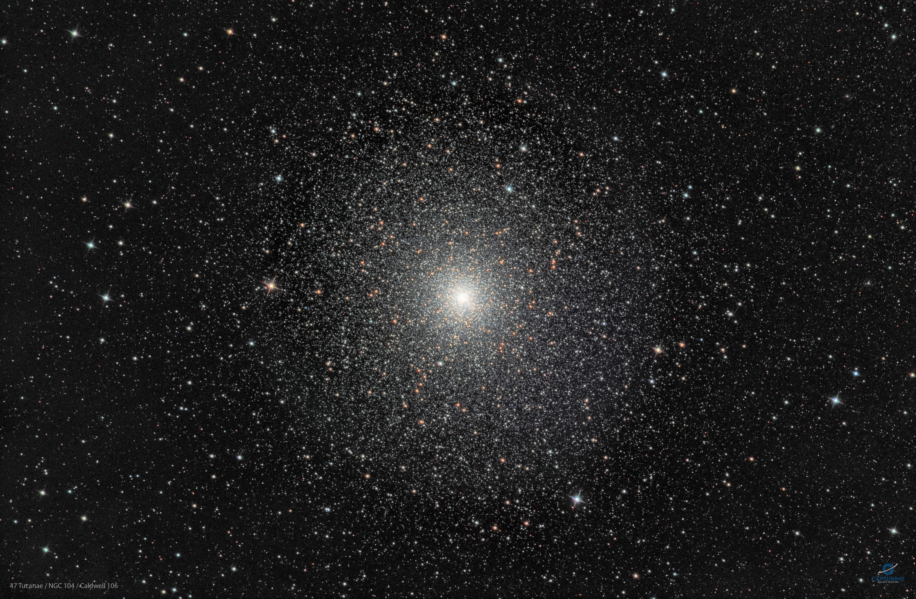 Also known as NGC 104, 47 Tucanae is a jewel of the southern sky. Not a star but a dense cluster of stars, it roams the halo of our Milky Way Galaxy along with some 200 other globular star clusters. The second brightest globular cluster (after Omega Centauri) as seen from planet Earth, 47 Tuc lies about 13,000 light-years away. It can be spotted with the naked eye close on the sky to the Small Magellanic Cloud in the constellation of the Toucan. The dense cluster is made up of hundreds of thousands of stars in a volume only about 120 light-years across. Red giant stars on the outskirts of the cluster are easy to pick out as yellowish stars in this sharp telescopic portrait. Tightly packed globular star cluster 47 Tuc is also home to a star with the closest known orbit around a black hole.