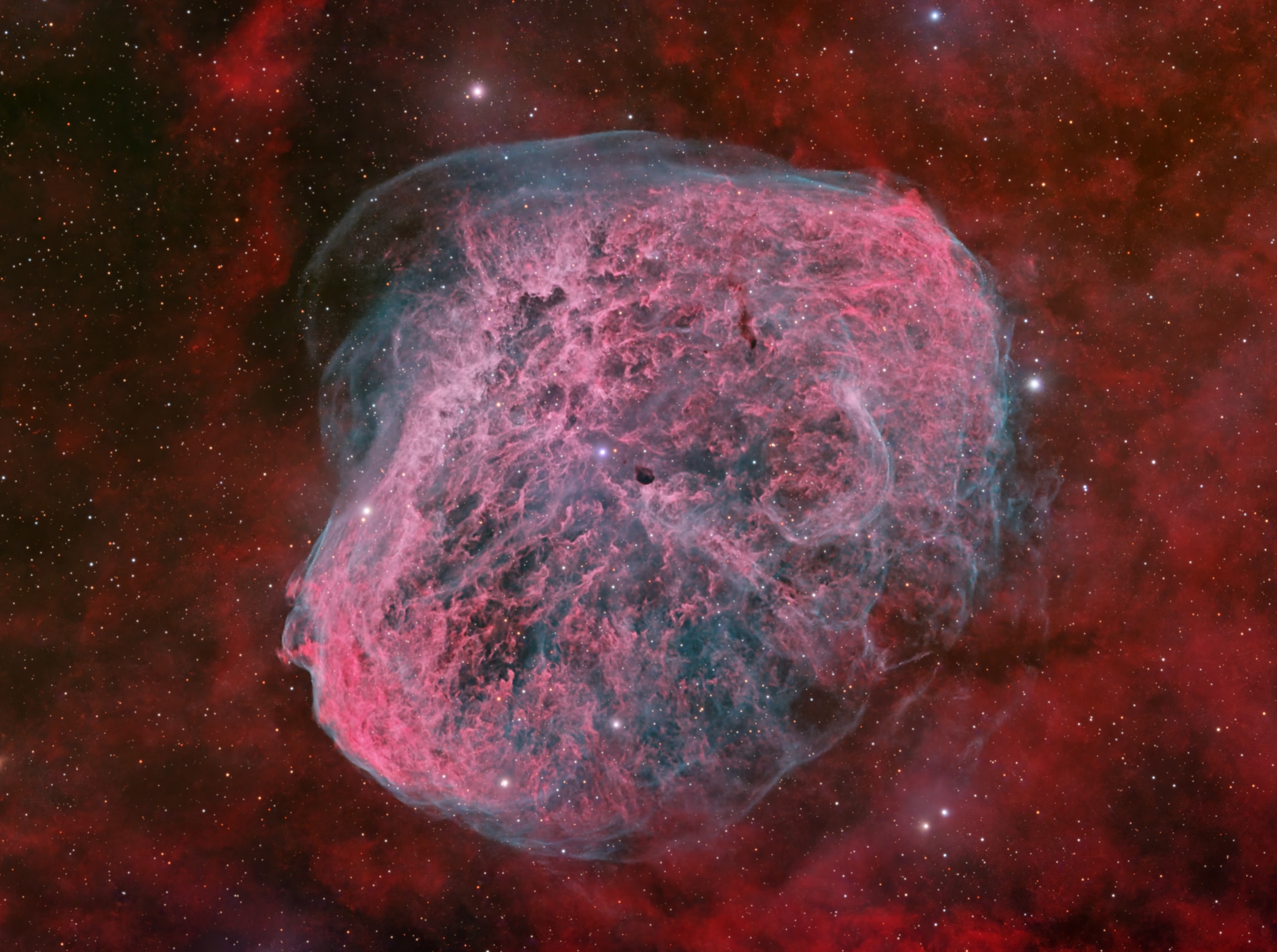 NGC 6888, also known as the Crescent Nebula, is a about 25 light-years across, a cosmic bubble blown by winds from its central, massive star. This deep telescopic image includes narrowband image data, to isolate light from hydrogen and oxygen atoms. The oxygen atoms produce the blue-green hue that seems to enshroud the nebula's detailed folds and filaments. Visible within the nebula, NGC 6888's central star is classified as a Wolf-Rayet star (WR 136). The star is shedding its outer envelope in a strong stellar wind, ejecting the equivalent of the Sun's mass every 10,000 years.  In fact, the Crescent Nebula's complex structures are likely the result of this strong wind interacting with material ejected in an earlier phase. Burning fuel at a prodigious rate and near the end of its stellar life, this star should ultimately go out with a bang in a spectacular supernova explosion. Found in the nebula rich constellation Cygnus, NGC 6888 is about 5,000 light-years away.