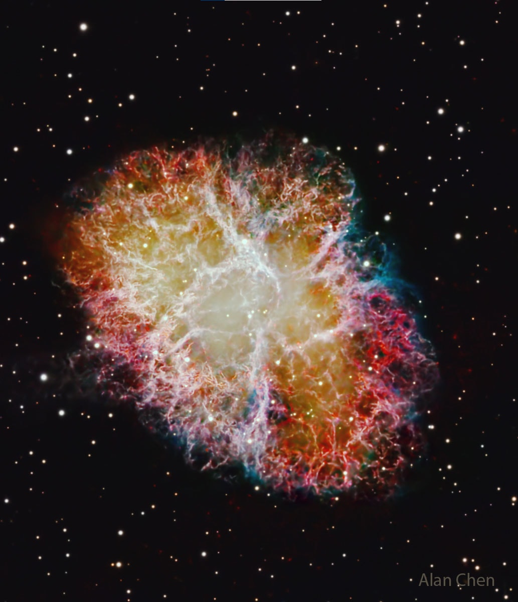 This is the mess that is left when a star explodes.  The Crab Nebula, the result of a supernova seen in 1054 AD, is filled with mysterious filaments.  The filaments are not only tremendously complex but appear to have less mass than expelled in the original supernova and a higher speed than expected from a free explosion.  The featured image was taken by an amateur astronomer in Leesburg, Florida, USA over three nights last month. It was captured in three primary colors but with extra detail provided by specific emission by hydrogen gas. The Crab Nebula spans about 10 light years.  In the Nebula's very center lies a pulsar: a neutron star as massive as the Sun but with only the size of a small town.  The Crab Pulsar rotates about 30 times each second.   Explore the Universe: Random APOD Generator