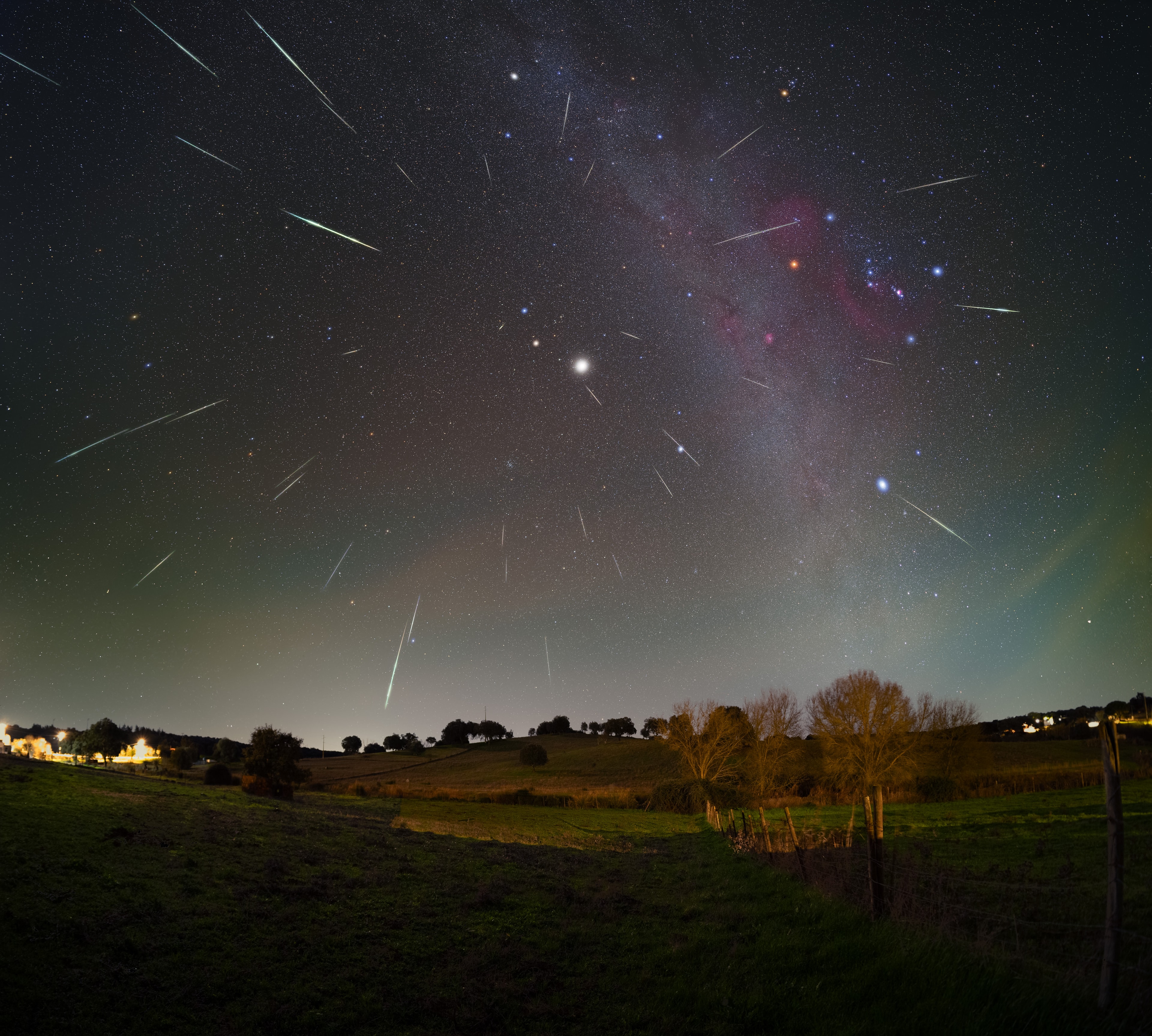 Jupiter, the Solar System's ruling gas giant, is the brightest celestial beacon at the center of this composite night skyscape. The scene was constructed by selecting the 40 exposures containing meteors from about 500 exposures made on the nights of December 13 and 14, near peak activity for this year's annual Geminid meteor shower. With each selected exposure registered in the night sky above Alentejo, Portugal, planet Earth, it does look like the meteors are streaming away from Jupiter. But the apparent radiant of the Geminid meteors is actually closer to bright star Castor, in the shower's eponymous constellation Gemini. In this frame that's just a little above and left of the Solar System's most massive planet. Still, the parent body of Geminid meteors is known to be rocky, near-Earth asteroid 3200 Phaethon. And the orbit of Phaethon itself is influenced by the gravitational attraction exerted by massive Jupiter, in concert with planets of the inner Solar System.