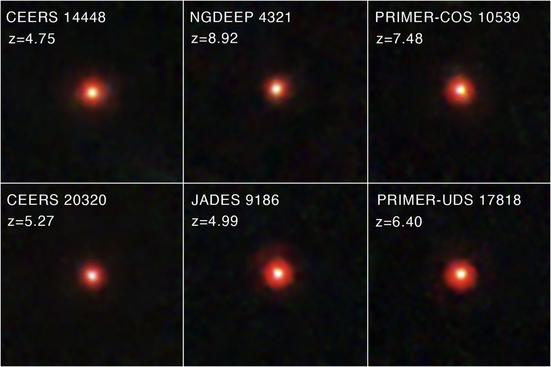 What are these little red dots (LRDs)? Nobody knows. Discovered only last year, hundreds of LRDs have now been found by the James Webb Space Telescope in the early universe. Although extremely faint, LRDs are now frequently identified in deep observations made for other purposes. A wide-ranging debate is raging about what LRDs may be and what importance they may have.  Possible origin hypotheses include accreting supermassive black holes inside clouds of gas and dust, bursts of star formation in young dust-reddened galaxies, and dark matter powered gas clouds.  The highlighted images show six nearly featureless LRDs listed under the JWST program that found them, and z, a distance indicator called cosmological redshift.  Additionally, searches are underway in our nearby universe to try to find whatever previous LRDs might have become today.