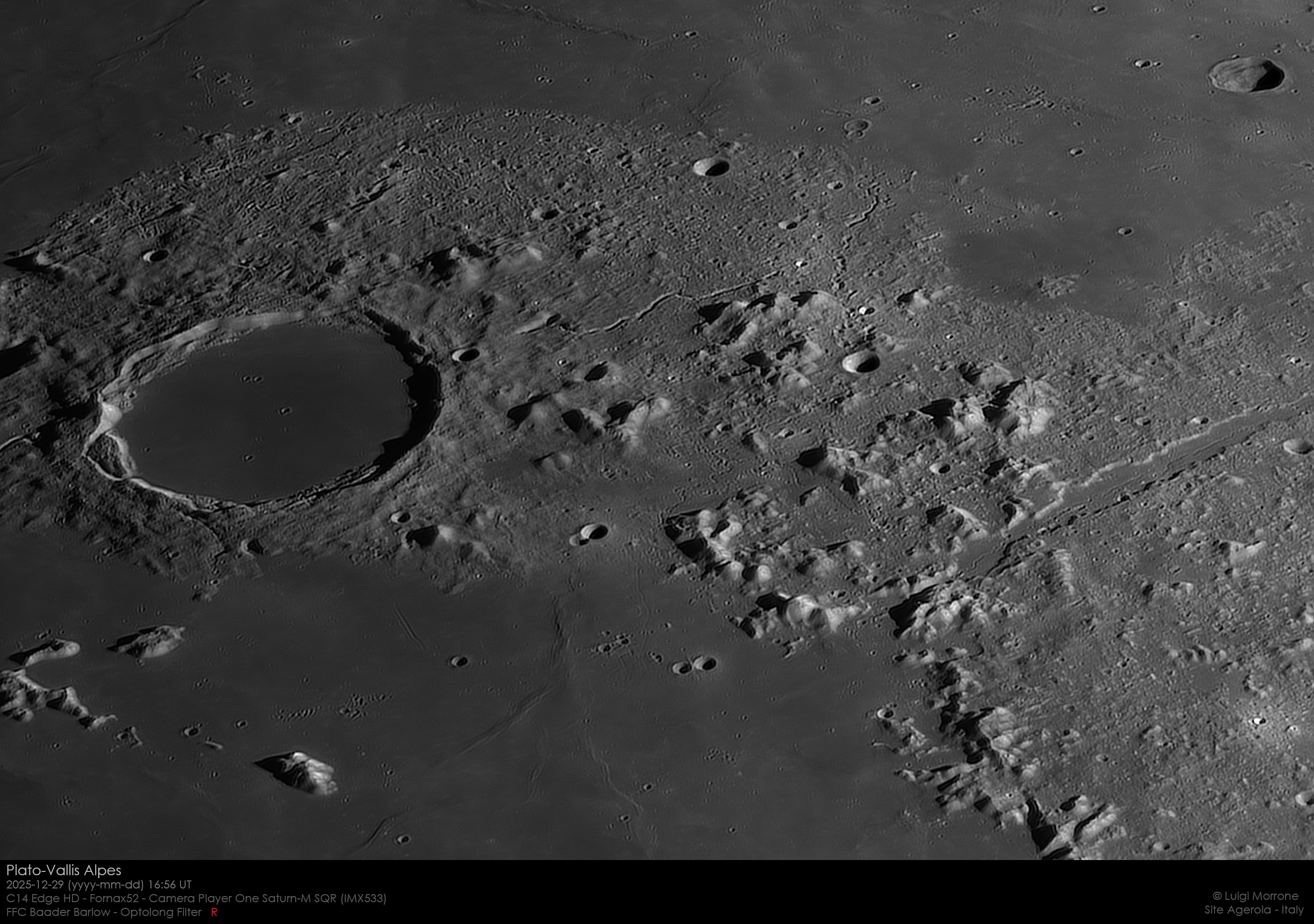 The dark-floored, 95 kilometer wide crater Plato and sunlit peaks of the lunar Alps (Montes Alpes) are highlighted in this this sharp telescopic snapshot of the Moon's surface. While the Alps of planet Earth were uplifted over millions of years as continental plates slowly collided, the lunar Alps were likely formed by a sudden collision that created the giant impact basin known as the Mare Imbrium or Sea of Rains. The mare's generally smooth, lava-flooded floor is seen below the bordering mountain range. The prominent straight feature cutting through the mountains is the lunar Alpine Valley (Vallis Alpes). Joining the Mare Imbrium and northern Mare Frigoris (Sea of Cold) the valley extends toward the upper right, about 160 kilometers long and up to 10 kilometers wide. Of course, the large, bright lunar alpine mountain below and right of Plato crater is named Mont Blanc. Lacking an atmosphere, not to mention snow, the lunar Alps are probably not an ideal location for a winter vacation. Still, a 150 pound skier would weigh a mere 25 pounds on the Moon.