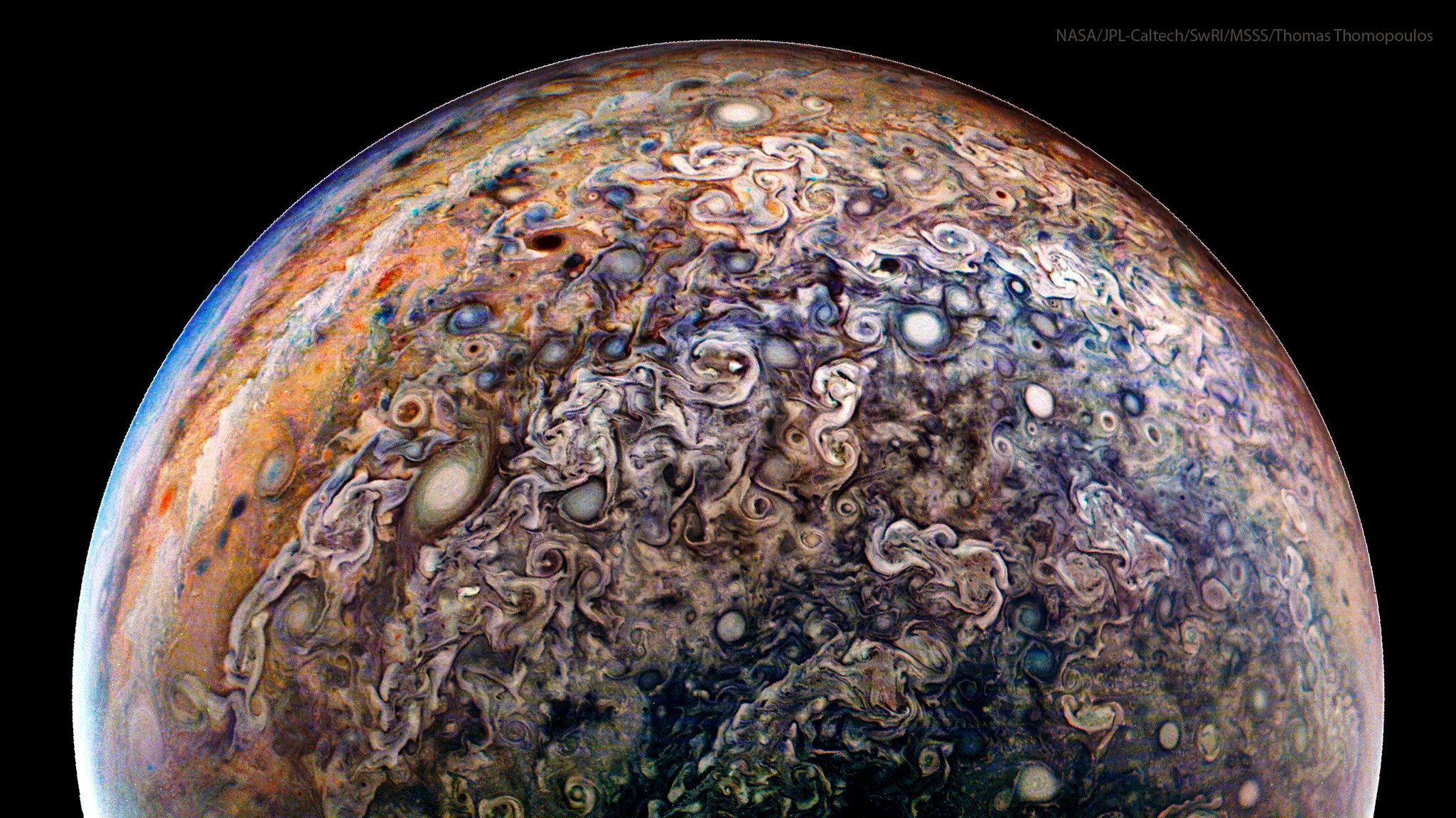 How complex is Jupiter? NASA's Juno mission to Jupiter is finding the Jovian giant to be more complicated than expected. Jupiter's magnetic field has been discovered to be much different from our Earth's simple dipole field, showing several poles embedded in a complicated network more convoluted in the north than the south. Further, Juno's radio measurements show that Jupiter's atmosphere shows structure well below the upper cloud deck -- even hundreds of kilometers deep. Jupiter's newfound complexity is evident also in southern clouds, as shown in the texture and color enhanced featured image taken last month.  There, planet-circling zones and belts that dominate near the equator decay into a complex miasma of continent-sized storm swirls.  Juno continues in its looping elliptical orbit, swooping near the huge planet every month and exploring a slightly different sector each time around.
