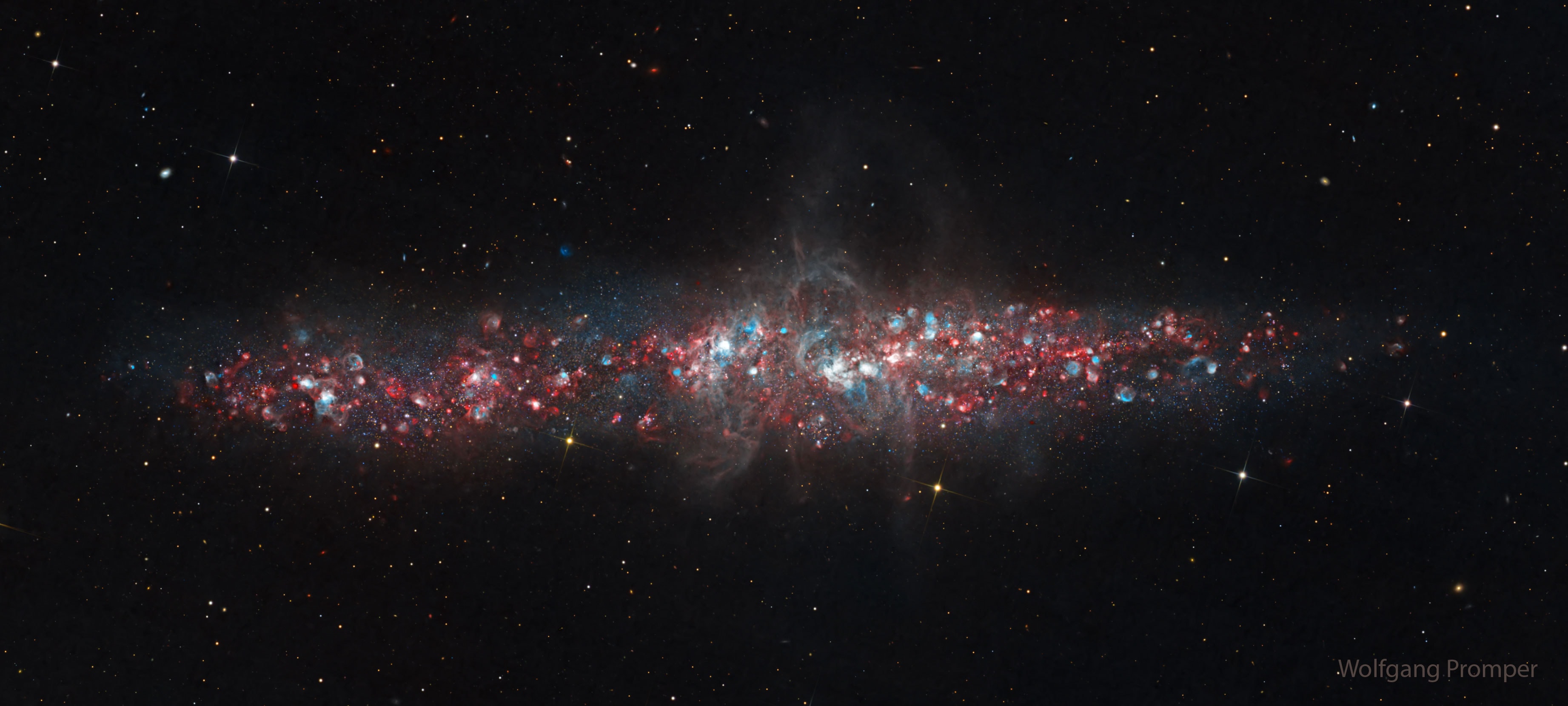 Can you see nebulas in other galaxies?  Yes, some nebulas shine brightly enough -- if you know how to look.  Clouds of hydrogen and oxygen emit light at very specific colors, and by isolating them, astronomers and astrophotographers can reveal structures that would otherwise be too faint to notice.  This deep, 50-hour exposure highlights glowing hydrogen (red) and oxygen (blue) across galaxy NGC 55, viewed nearly edge-on.  Also known as the String of Pearls Galaxy, NGC 55 is often compared to our Milky Way's satellite galaxy the Large Magellanic Cloud (LMC), although NGC 55 lies much farther away at about 6.5 million light-years.  The resulting image uncovers a sprinkling of emission nebulas within and sometimes above the galaxy's dusty disk, offering a detailed look at distant star-forming regions.    Jigsaw Galaxy: Astronomy Puzzle of the Day