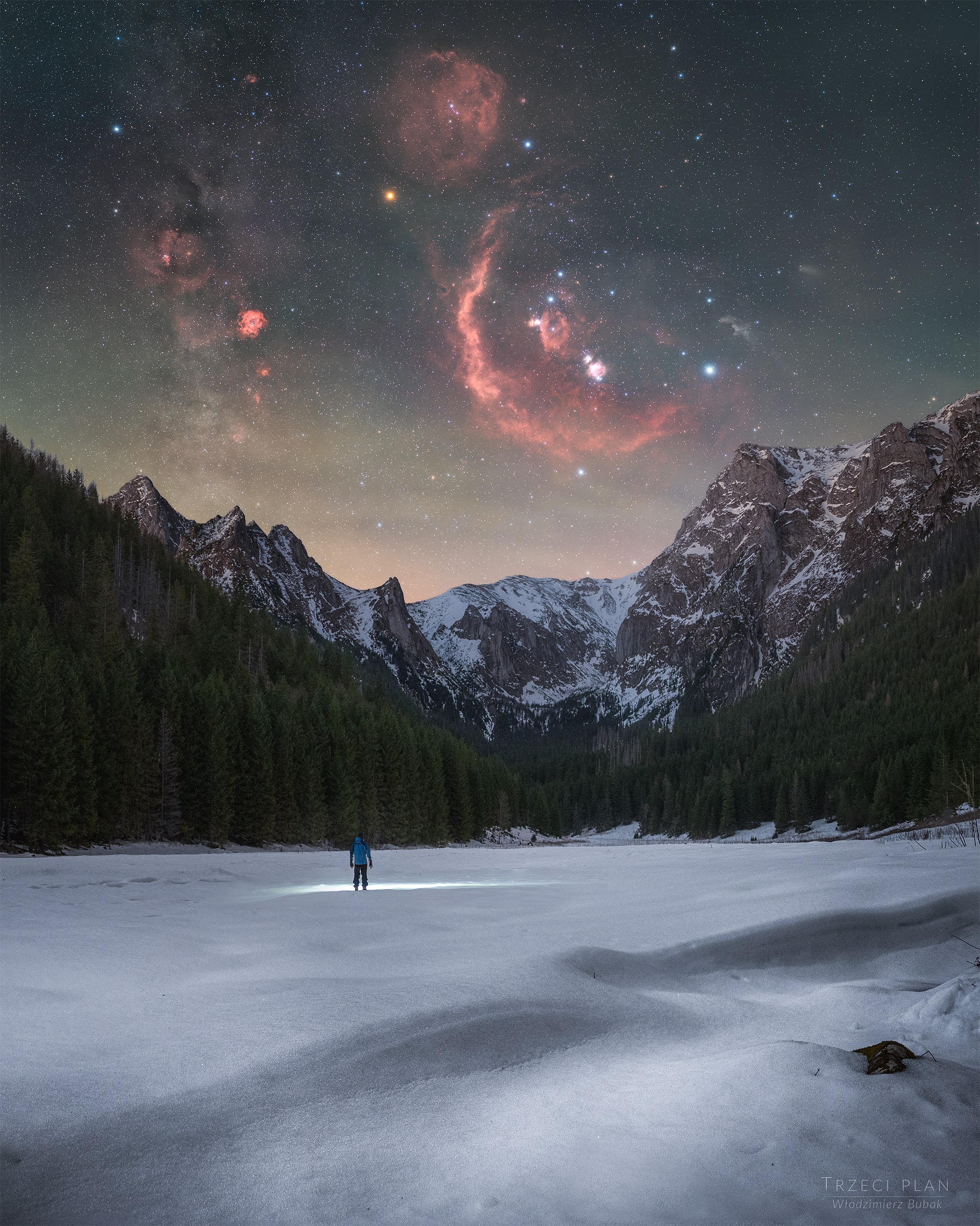 Rising over a frozen valley in the Tatra Mountains, the familiar stars and nebulas of Orion dominate this wide-field nightscape.  The featured deep photo was taken in southern Poland's highest mountain range last month, where dark skies and alpine terrain combined to reveal both Earth's rugged beauty and the structure of our galaxy.  Above the snowy mountains, Orion's bright belt stars anchor a region of glowing interstellar clouds.  The Great Orion Nebula, a vast stellar nursery visible even to the unaided eye, shines near the center of the scene.  Surrounding it is the enormous arc of Barnard's Loop, a faint shell of ionized hydrogen gas spanning much of the constellation.  To the left, the round Rosette Nebula glows softly, while the grayish Witch Head Nebula hovers to the right, illuminated by nearby starlight.  Near the top, the orange supergiant Betelgeuse marks the hunter's shoulder.