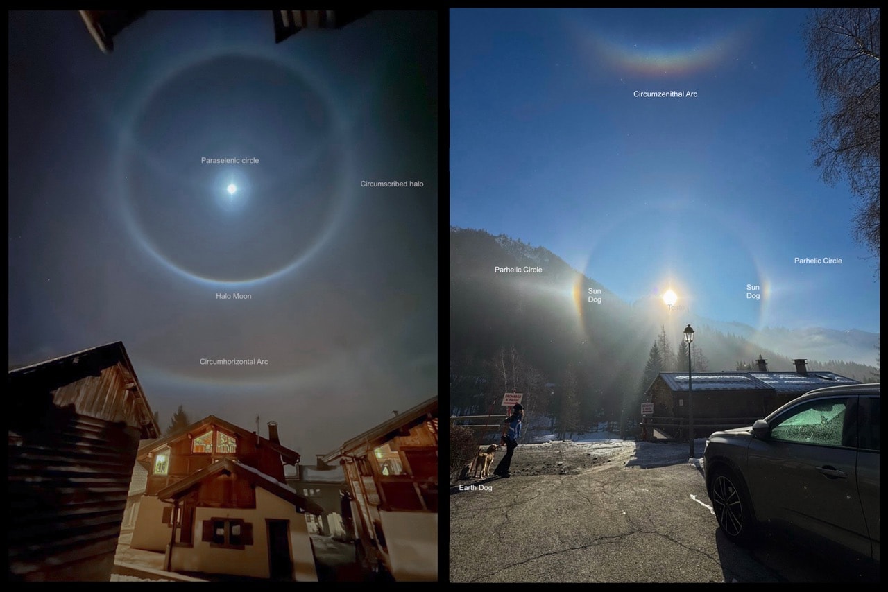 Both Moon and Sun create beautiful ice halos in planet Earth's sky. In fact, the two brightest celestial beacons are each surrounded by a complex of ice halos in these photos of the sky above Chamonix-Mont-Blanc in France. The panels were recorded one night (left) and the following day at the end of December 2025. Similar ice halos appear in moonlight and sunlight because they are all formed through the geometry of flat, hexagonal ice crystals. The ice crystals reflect and refract light as they flutter in the cold atmosphere above the mountain resort. In the pictures both Moon and Sun are surrounded by a more commonly seen 22 degree circular halo. Bright and sometimes colorful patches at the intersections of the 22 degree circular halos with the indicated parselenic and parhelic arcs are also known as Moon dogs and Sun dogs. (Editor's note: Annotations updated by Marcella Pace)