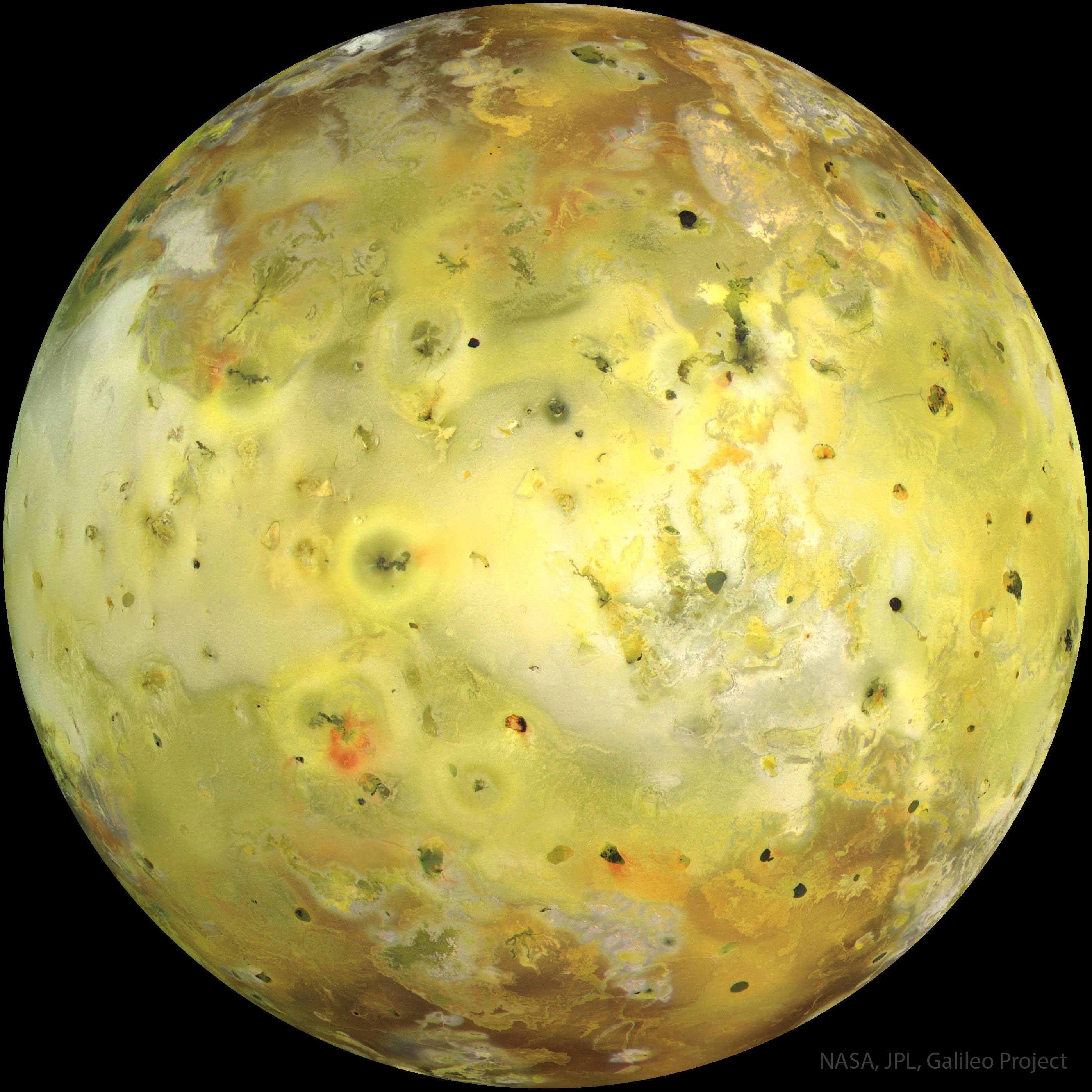 The strangest moon in the Solar System is bright yellow.  The featured picture, an attempt to show how Io would appear in the "true colors" perceptible to the average human eye, was taken in 1999 July by the Galileo spacecraft that orbited Jupiter from 1995 to 2003.  Io's colors derive from sulfur and molten silicate rock.  The unusual surface of Io is kept very young by its system of active volcanoes.  The intense tidal gravity of Jupiter stretches Io and damps wobbles caused by Jupiter's other Galilean moons.  The resulting friction greatly heats Io's interior, causing  molten rock to explode through the surface.  Io's volcanoes are so active that they are effectively turning the whole moon inside out.  Some of Io's volcanic lava is so hot it glows in the dark.