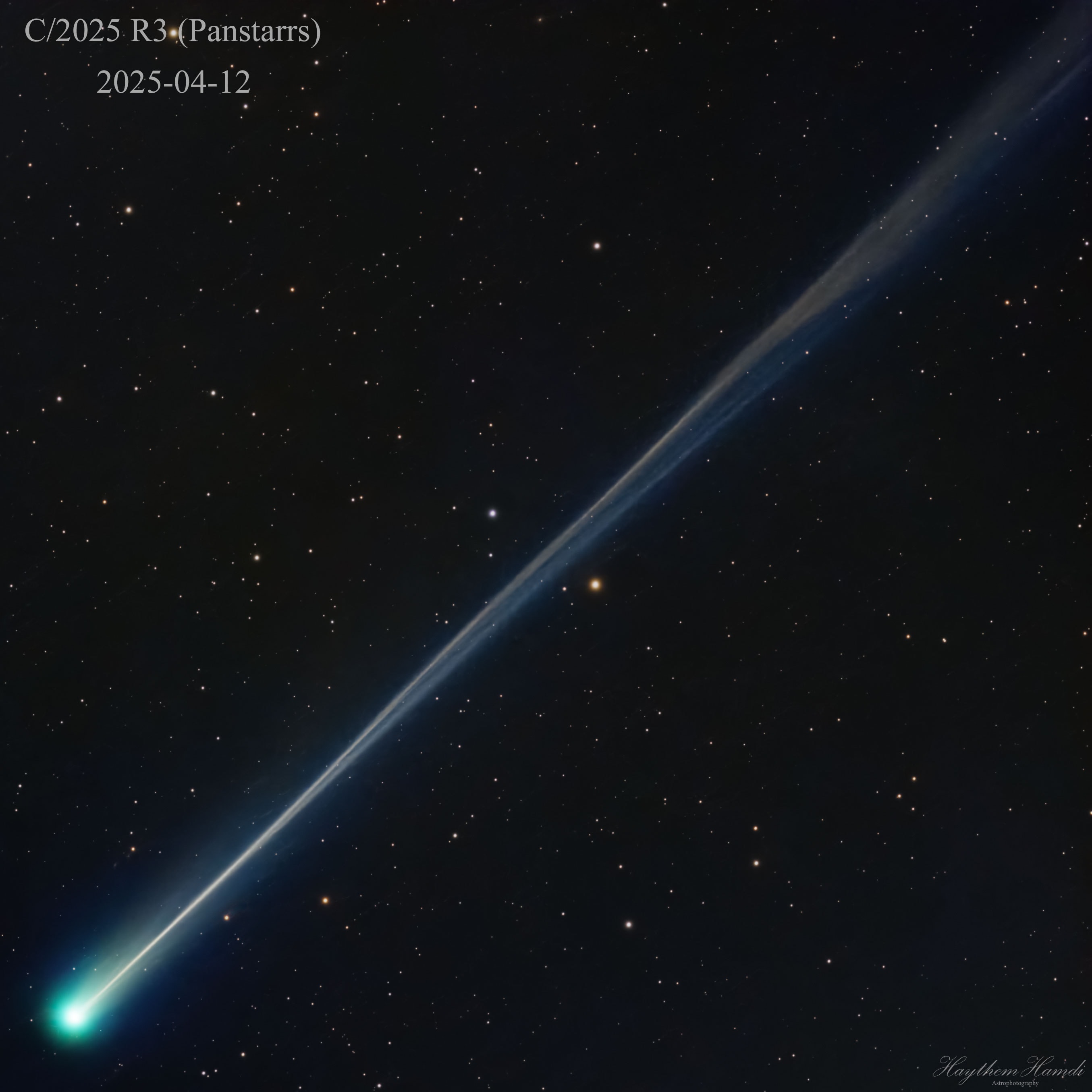 Why does Comet R3 (PanSTARRS) have a wispy tail?  The newest bright member of the inner Solar System, Comet C/2025 R3 (PanSTARRS) is already extending an impressive stream of glowing gas. This tail starts from an unseen central nucleus of dirty ice that is likely a few kilometers across. The nucleus is warmed by the Sun and emits a cloud of neutral gas into a coma that glows light green. Nuclear gas ionized by energetic sunlight is pushed away from the Sun by the solar wind into an ion tail that glows light blue.  The wispy nature of the ion tail is caused by the constantly changing structure of the solar wind.  Pictured from Rhode Island, USA two days ago, Comet R3 (PanSTARRS) shows off a many-degree ion tail.  Comet R3 (PanSTARRS) is best seen before dawn from northern skies for another 10 days, after which it will be best visible from southern skies.    Growing Gallery: Comet R3 in 2026