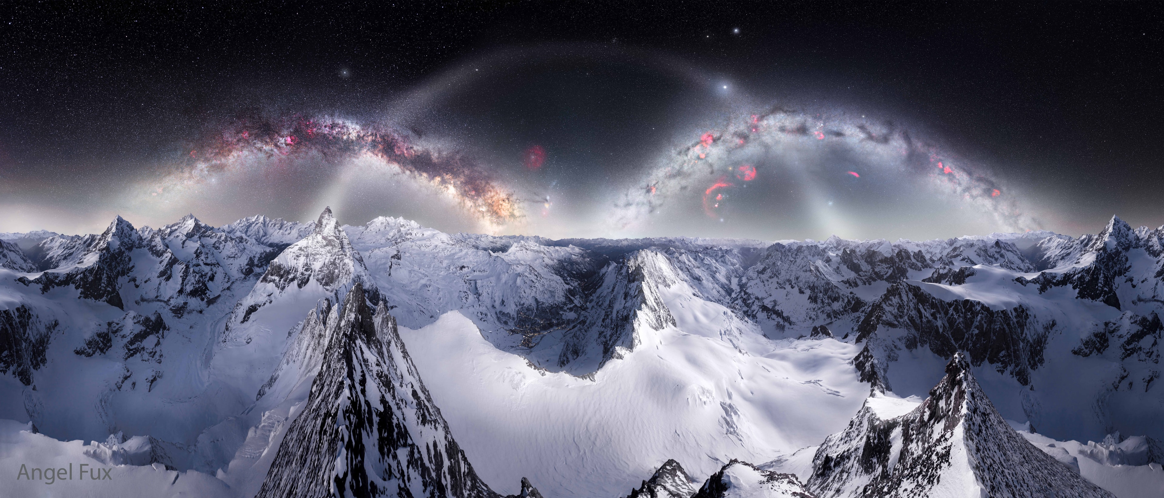 Why are there three arches across the sky instead of two? Last month, after being dropped off by a helicopter at a high mountain peak in the Alps near the Swiss Italian border, an adventurous astrophotographer expected two arches of our Milky Way galaxy to be visible during the night. These were the inner arch looking in toward the center of our galaxy on the left, visible just before sunrise, and the outer arch on the right visible just after sunset.  But there were three arches. The surprised astrophotographer soon realized that the sky was so dark that an entire arc of faint zodiacal light was also noticeable -- sunlight scattered by inner Solar System dust.  And it artfully connected the two Milky Way arches!  The next morning a helicopter picked the astrophotographer back up, and after 40 hours of processing and combining that night's images, the featured triple-arch 360-degree panorama resulted.    Jigsaw Vistas: Astronomy Puzzle of the Day