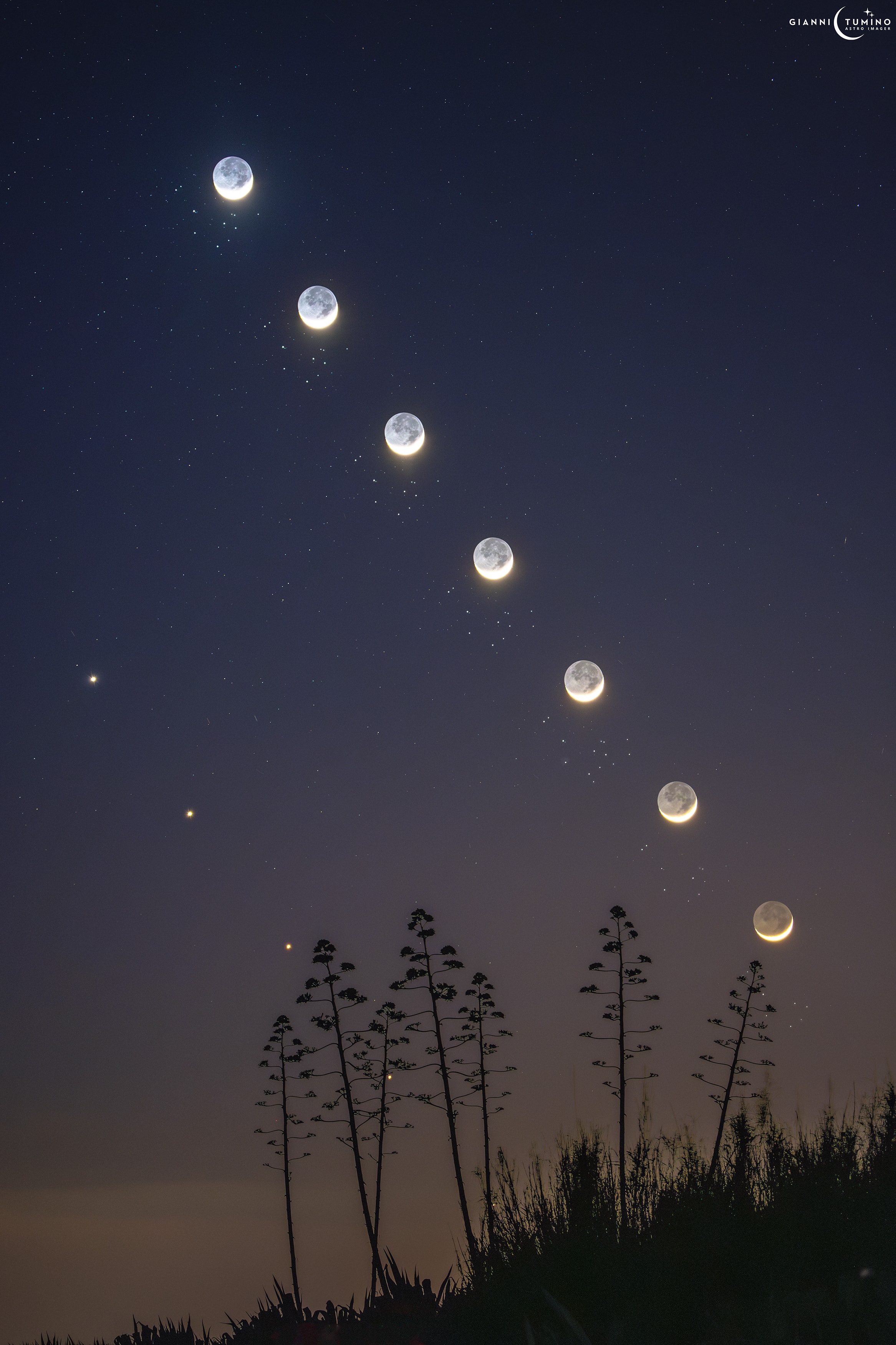 No, Earth did not recently acquire six more moons!  Today’s APOD is a combination of images following the Moon, Venus, and the Pleiades across a southern Sicilian sky as twilight turned to evening on April 19. From 2023 to 2029, the Pleiades' and the Moon “visit" each other once per month due to the Pleiades' location in the ecliptic plane. April 2026 saw the celestial alignment of their visit with Venus.  About six stars in the Pleiades cluster (Messier 45) are typically visible with the unaided eye. Due to the cluster’s visibility across the world, there are many myths and legends across cultures associated with the Pleiades. The Haudenosaunee people of North America, for example, say that seven boys danced so enthusiastically that they lifted off into the sky. Astronomers recently found thousands more Pleiades members, showing that after thousands of years of gazing upon this cluster, there is yet more to learn about the Pleiades.