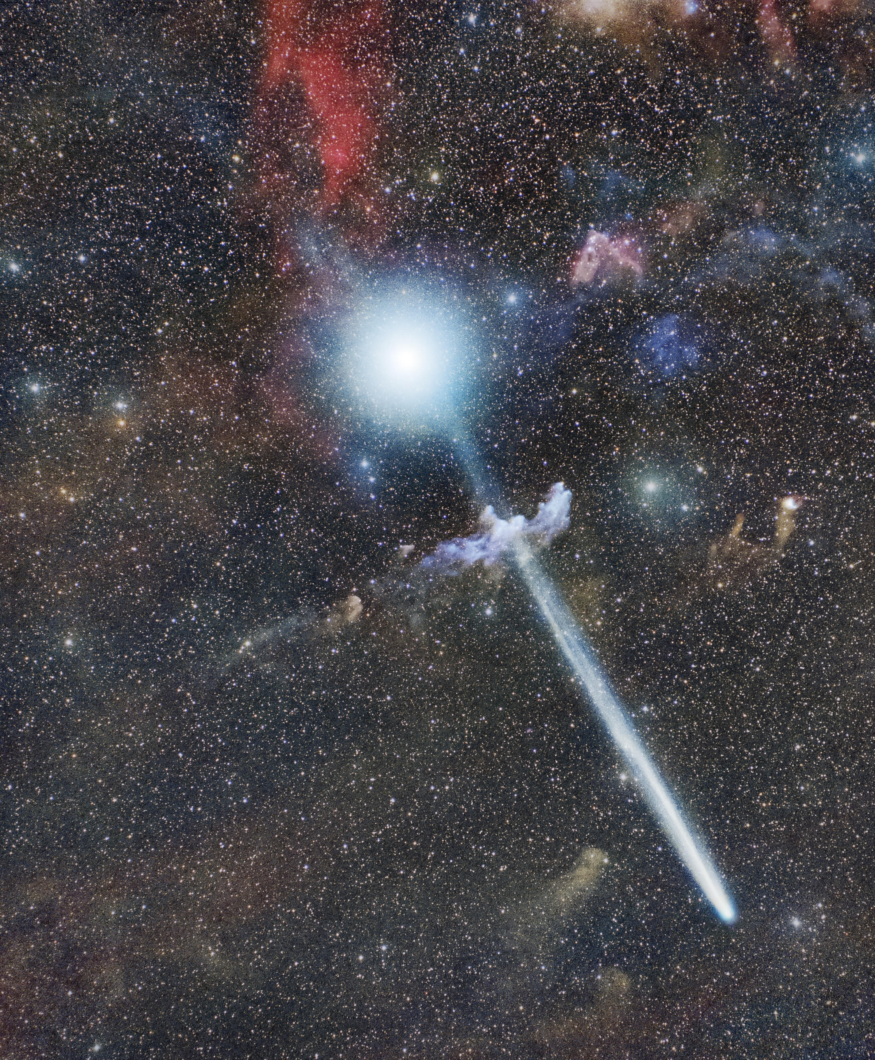 Which way is Comet R3 PanSTARRS going? Not towards the star at the top of the image, because that is Rigel, which, being far in the background, is unrelated to the comet. Not through the nebula in the image middle, because that is the Witch Head Nebula and it, too, is far in the distance -- but not far from Rigel.  Not into northern skies because over the past week Comet C/2025 R3 (PanSTARRS) has moved into southern skies and is now best visible in Earth's Southern Hemisphere toward the west after sunset.  Angularly, Comet R3 PanSTARRS is slowly moving toward the upper right, night by night, and will soon be in the constellation Orion. Spatially, the comet is now headed out of our Solar System but should remain visible to cameras in southern skies for about a week.  The featured image was captured last week near Cerro Paranal in Chile.   Growing Gallery: Comet R3 PanSTARRS in 2026