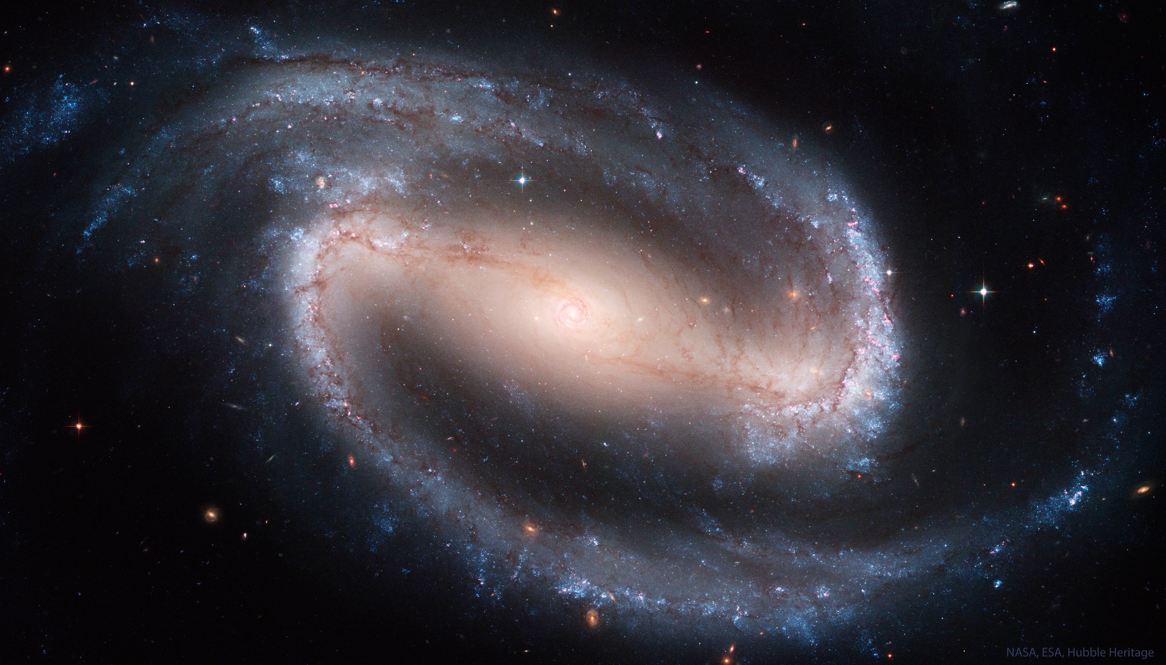 Across the center of this spiral galaxy is a bar.  And at the center of this bar is smaller spiral.  And at the center of that spiral is a supermassive black hole.  This all happens in the big, beautiful, barred spiral galaxy cataloged as NGC 1300, a galaxy that lies some 70 million light-years away toward the constellation of the river Eridanus. This Hubble Space Telescope composite view of the gorgeous island universe is one of the most detailed Hubble images ever made of a complete galaxy.  NGC 1300 spans over 100,000 light-years and the Hubble image reveals striking details of the galaxy's dominant central bar and majestic spiral arms. How the giant bar formed, how it remains, and how it affects star formation remains an active topic of research.   Jigsaw Universe: Astronomy Puzzle of the Day