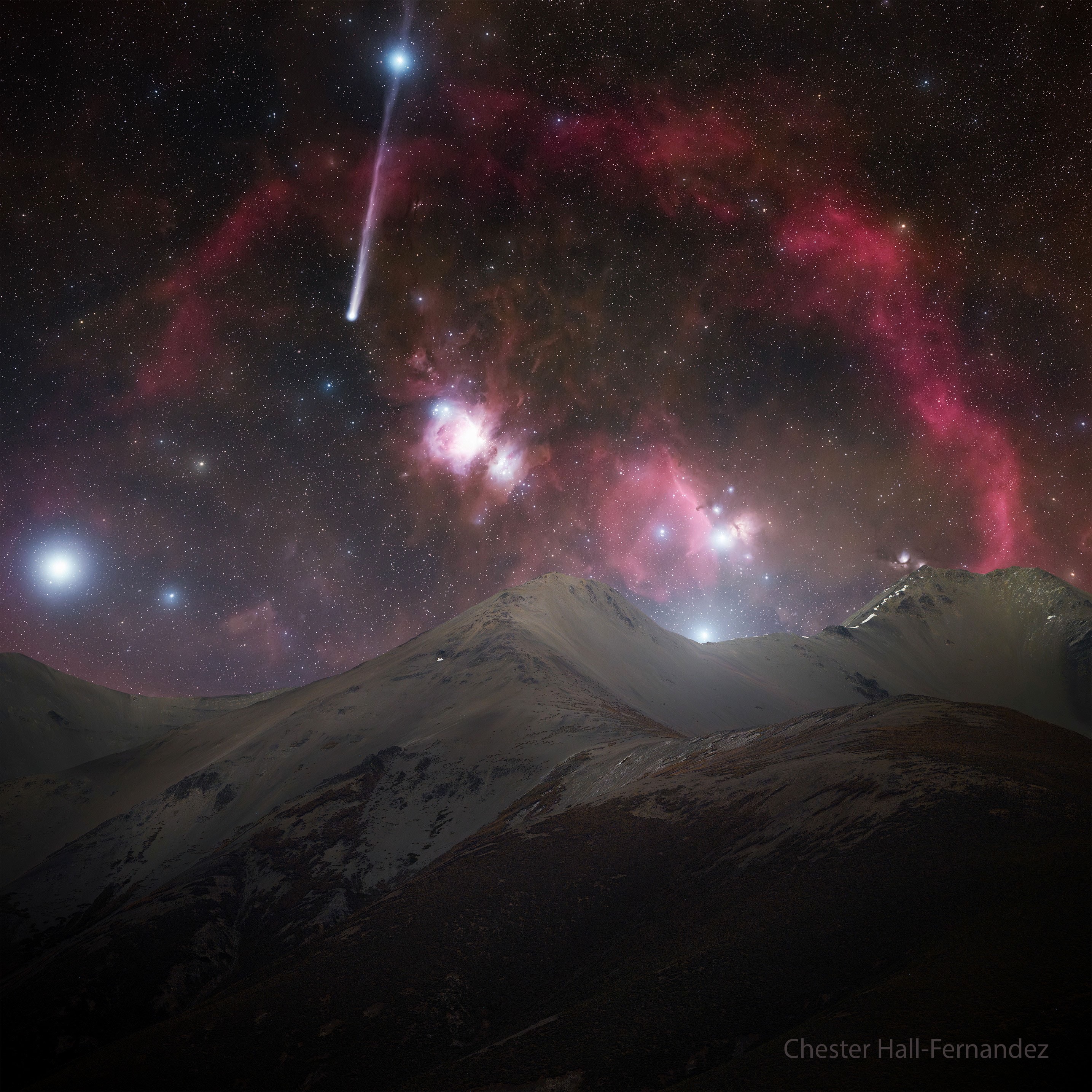 Comet R3 PanSTARRS might be best remembered as an Orion comet.  A key reason is because Comet C/2025 R3 (PanSTARRS) was near its most spectacular -- in terms of tail visibility -- when passing in front of the iconic constellation.  Although rare, other bright comets, too, have ventured across Orion, including  Lovejoy in 2015, Hale-Bopp in 1997, and the Great Comet of 1264.  Best visible in long duration exposures, the featured image was captured last week from the Craigieburn Mountain Range in New Zealand.  Visible in the deep background image are the Orion Nebula, Barnard's Loop, and through R3's tail, the bright star Saiph, the sixth brightest star in the constellation of Orion. Comet R3 PanSTARRS continues to fade as it moves further south, passing into the constellation of the Unicorn (Monoceros) in the next few days.    Sky Surprise: What picture did APOD feature on your birthday? (after 1995)