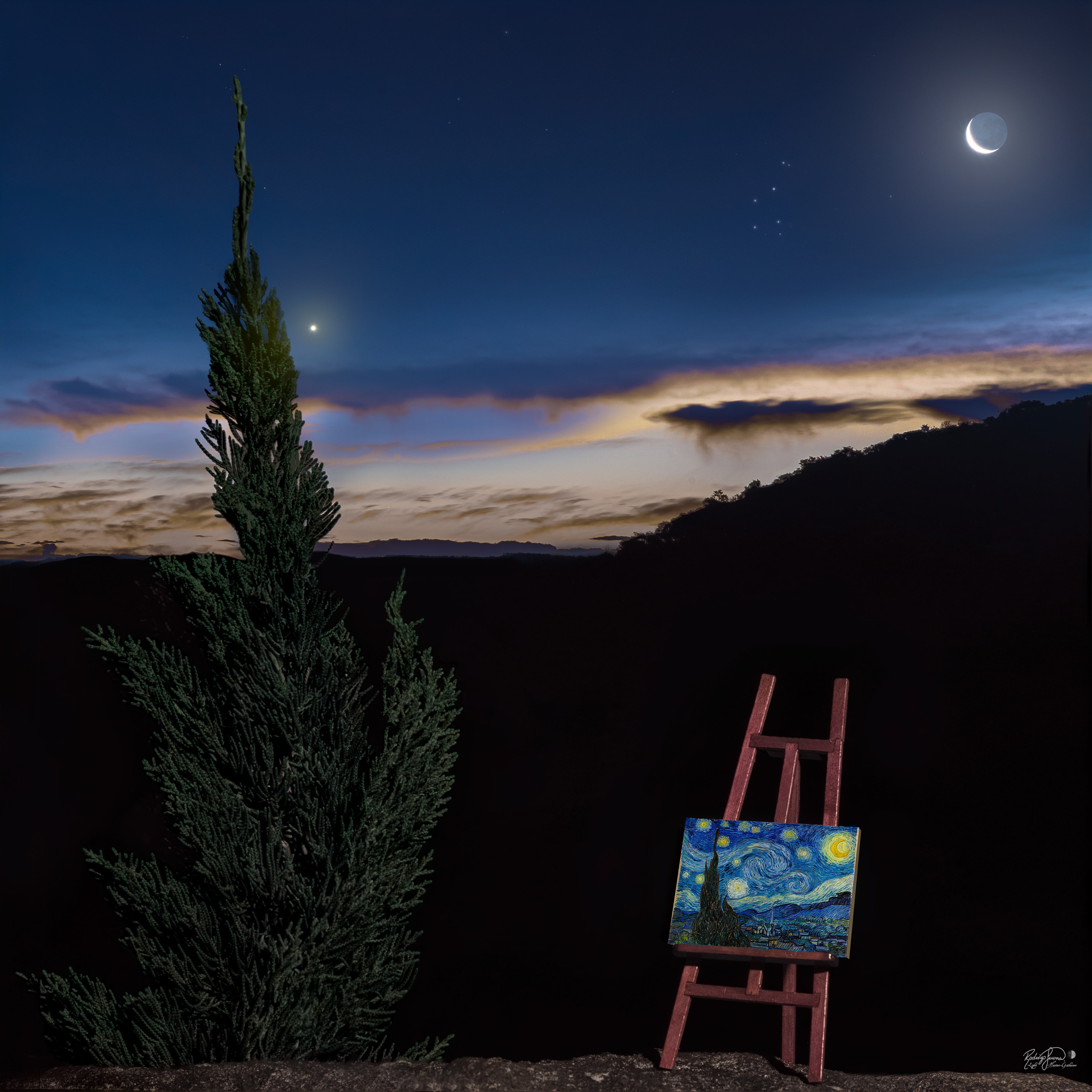 Does this scene look familiar? It is a modern recreation of the famous painting Starry Night by Vincent van Gogh.  Both the image and the painting depict a tall tree on the left, a crescent moon on the upper right, the planet Venus just to the right of the tree, a foreground horizon rising from left to right, and clouds above the horizon. Differences include that the photograph was taken in mid-April earlier this year in Cascavel, Brazil, while the painting was composed in Saint-Rémy-de-Provence, France, in 1889.  The original Starry Night is considered by many to be one of the three most famous paintings in the world today and a statement about the wonders of the night sky. Today is (roughly) the anniversary of the morning that van Gogh saw the sky that he later painted in his version of Starry Night.    Night Sky Jigsaw: Astronomy Puzzle of the Day