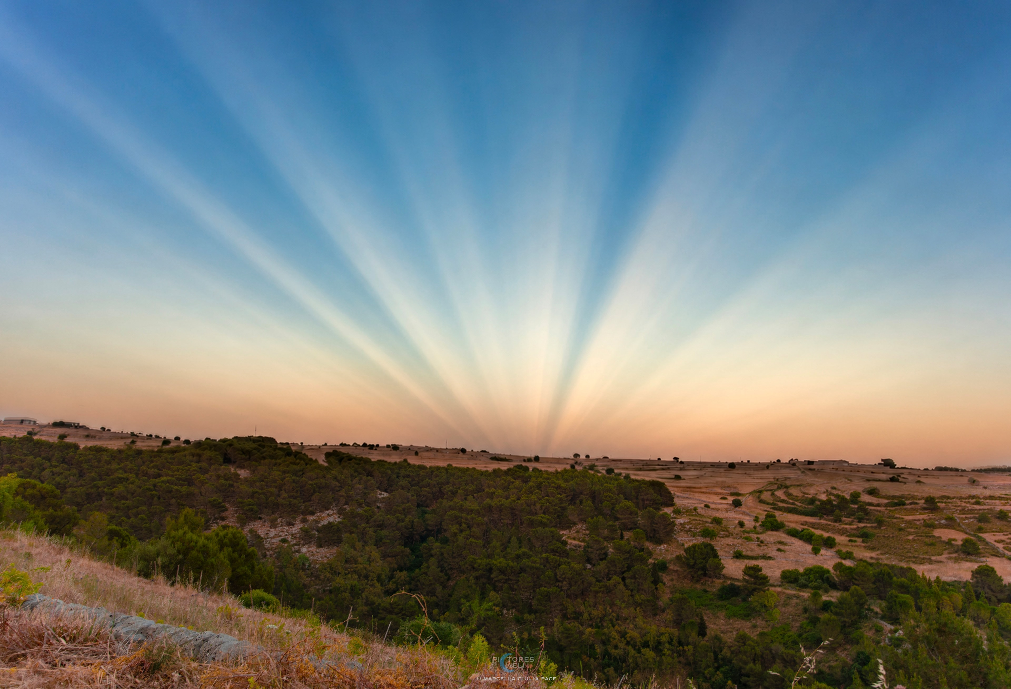 The Sun has just set... in the opposite side of the sky.   Pictured here are anticrepuscular rays apparently converging in the east in this image of the limestone plateau in the heart of the Hyblaean Mountains of southeastern Sicily, in Italy.   How were these anticrepuscular rays formed, if the Sun wasn't there?   After the Sun set (in the west, as usual) its light still illuminated a cloud higher up in the sky.   Partially blocked by the cloud, the sunlight produced patterns of light and shadow, crossing the sky in parallel lines.   Perspective makes it look like they converge in the east, in the same way that train tracks appear to meet in the distance.   This effect can also happen at sunrise, only the directions are exchanged.   In rare cases, both crepuscular and anticrepuscular rays can be seen at the same time.