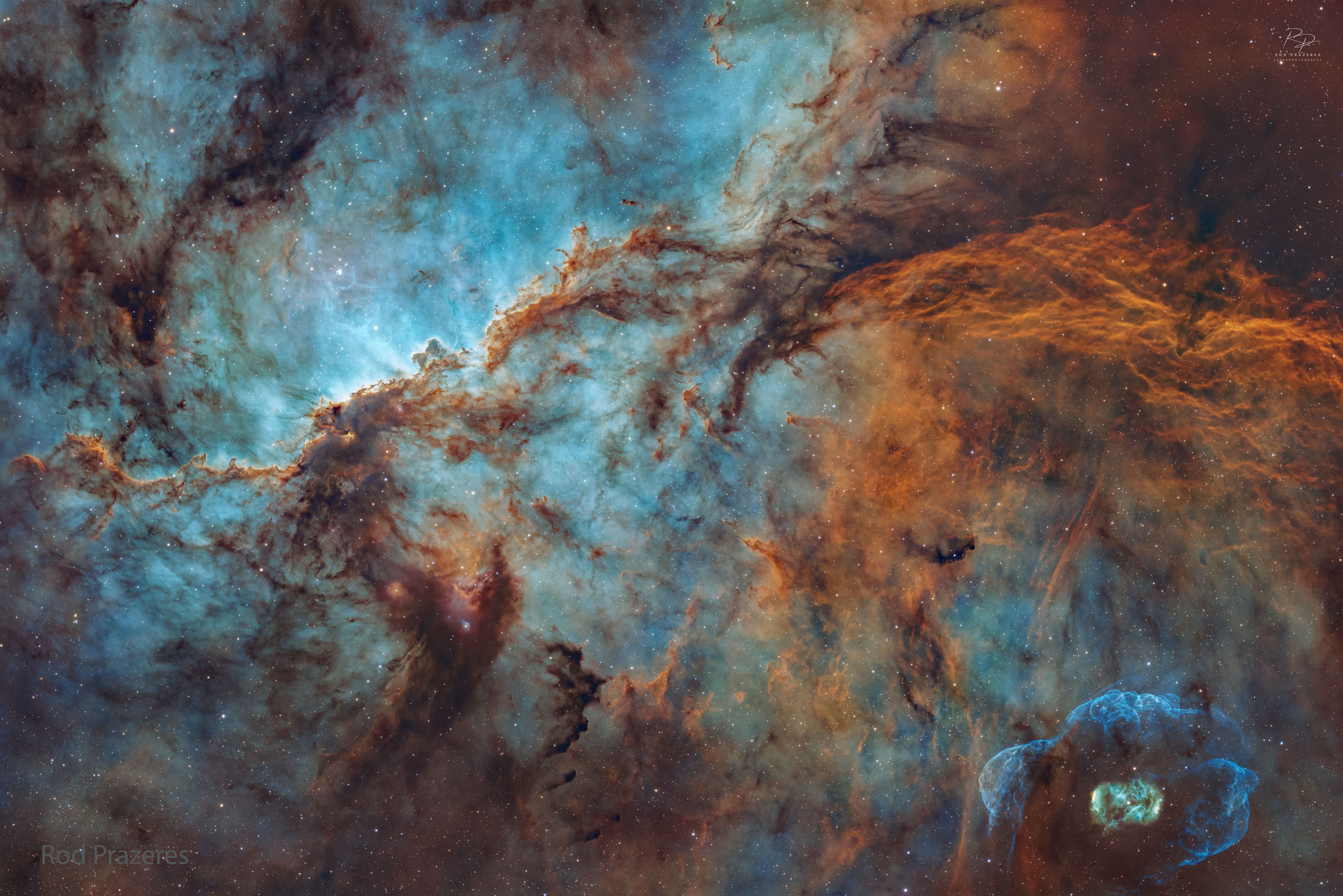 Where can you find dragons fighting in the night sky?  In the southern constellation of the Altar: Ara. The dragons are, of course, actually made of suggestively shaped gas and dust.  The celestial home of the mythological battling beasts is cataloged as NGC 6188 and located about 4,000 light years away near the edge of a large molecular cloud.  Massive, young stars of the embedded Ara OB1 association were formed there only a few million years ago, sculpting the dark shapes and powering the nebular glow with stellar winds and intense ultraviolet radiation.  Joining NGC 6188 on this cosmic canvas, visible toward the lower right, is unusual emission nebula NGC 6164, also created by one of the region's massive stars.  This impressively wide field picture, captured from Queensland, Australia, spans over 2 degrees (four full Moons).