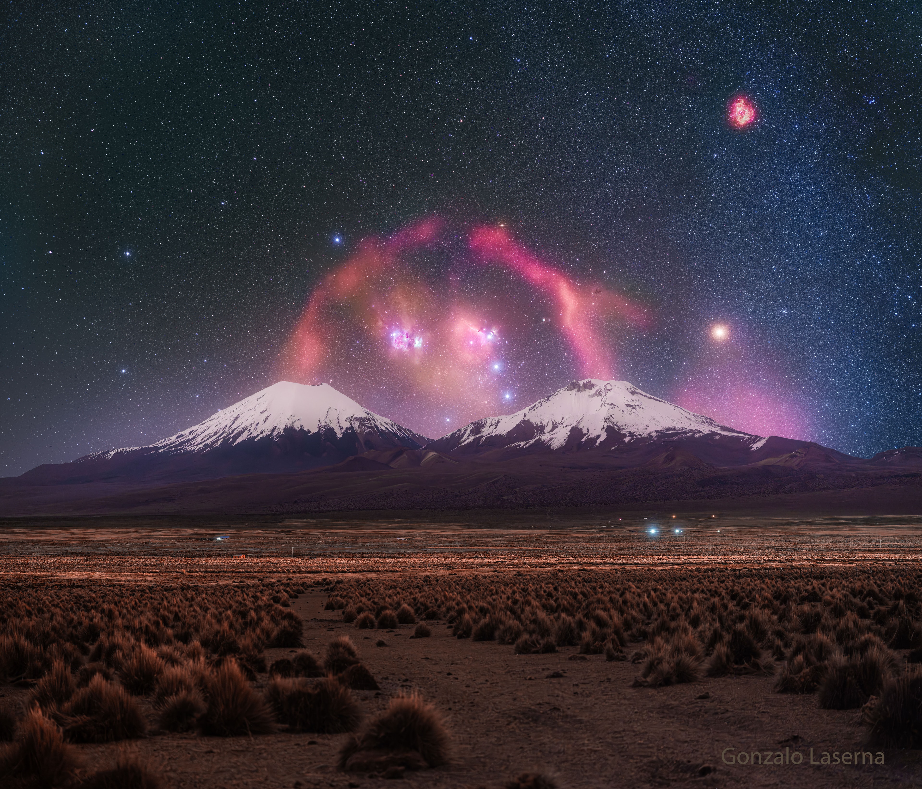 What's connecting these two volcanoes? In ancient folklore, the two volcanoes, Parinacota (left) and Pomerape (right), are connected by representing a mythical prince and princess who engaged in a forbidden romance.  Beneath the ground, the two peaks are not known to be connected by a common pool of hot magma, and neither volcano has erupted in the past 1000 years.  Above the ground, there is usually nothing in the sky that connects them -- except if you use careful timing and look from a specific location.  The featured well-planned image was captured from Bolivia in mid-April with a series of camera exposures taken on the same day and from the same location.  Then, Barnard's Loop appeared to connect the volcanic peaks. Also visible in the image is the Orion Nebula in the center, the star Betelgeuse on the right, and the Rosette Nebula on the upper right.    Sky Surprise: What picture did APOD feature on your birthday? (after 1995)