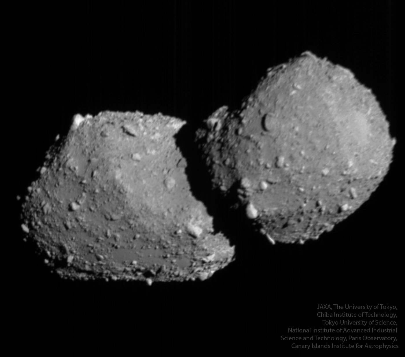 Why is this asteroid a double?  Earlier this month the Japanese robotic spacecraft Hayabusa2 shot past asteroid 98943 Torifune and captured pictures. Although previous observations from distant Earth indicated that Torifune was oblong, Hayabusa2 found that Torifune actually has two joined lobes.  With a length of about four soccer fields, this space rock frequently comes near the Earth as it orbits the Sun, although it is not a threat.  Besides the two lobes, Torifune shows many large boulders, but, surprisingly, no obvious craters, likely because its surface is a pile of rubble.  Like asteroid Arrokoth, it appears that each lobe formed separately before colliding and becoming stuck together.  Hayabusa2 famously encountered asteroid Ryugu in 2018, and now heads for an encounter in 2031 with 1998 KY26, a smaller asteroid that rotates unusually fast and might have reservoirs of ice.