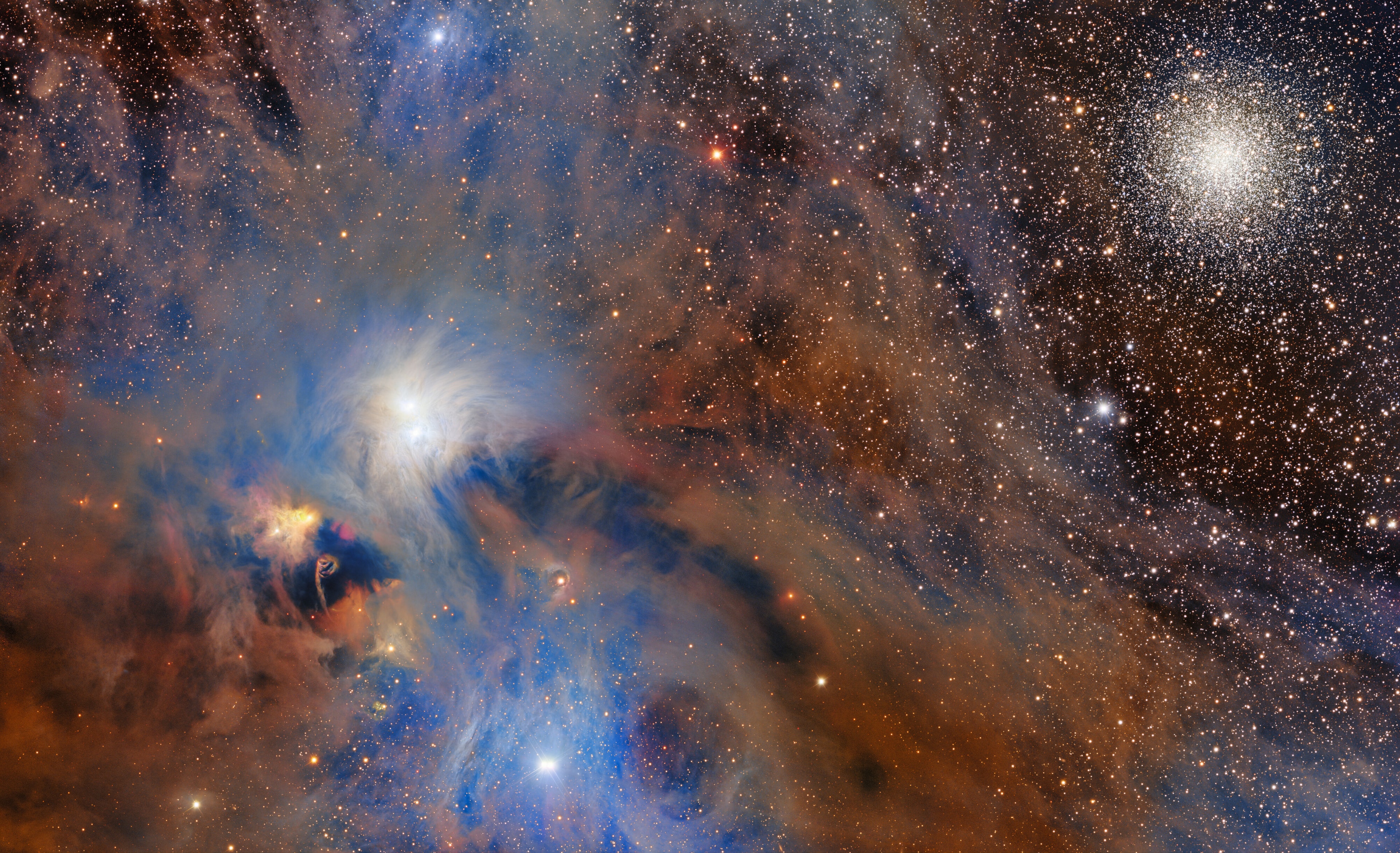 The Southern Crown (Corona Australis) dazzles with young and ancient celestial jewels. The Corona Australis Cloud is a collage of reflection and emission nebulae on the left of today’s image. At 430 light years away, this cloud is one of the closest star-forming regions to Earth. It contains gas cool enough (-260 Celsius or -440 Fahrenheit) to collapse into protostars. Recently formed stars paint blue hues across the cloud as their light reflects off surrounding material. The waltz of the R Coronae Australis binary system stirs up the nebula NGC 6729. The younger of the pair ionizes nearby gas with its ultraviolet light, causing it to glow. The Chandelier Cluster (NGC 6723) dangles from the top right, but is actually tens of thousands of light years farther away than its apparent star-forming neighbor. While NGC 6723 experienced multiple periods of star formation creating slightly younger stars, the chandelier twinkles with stars almost as old as the universe.