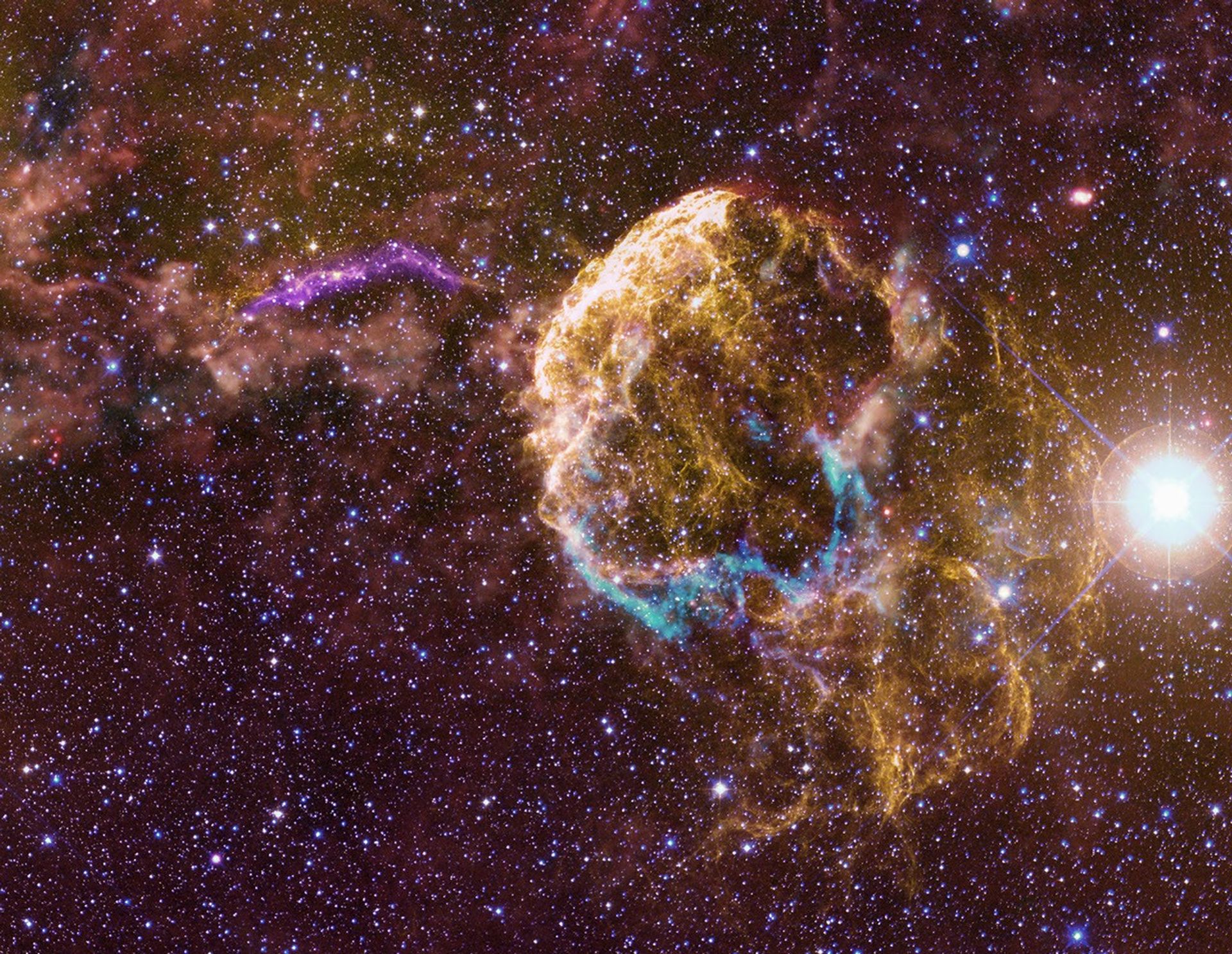 What happens when one of the stars in a binary goes supernova?   This image combines visible (yellow), ultraviolet (purple) and infrared light (cyan, red and orange) to show two supernova remnants and their surrounding environment, about 6,000 light-years away.   The younger one is the well-known Jellyfish Nebula in the center (mostly in yellow).   If we could see it by eye, it would appear larger than the full moon in the sky.   The filament shown in purple is part of an older, overlapping supernova remnant, G189.6+3.3.   A new study used data from NASA's Fermi Gamma-ray Space Telescope to piece together their story.   Astronomers believe that there were two stars in a binary system, then the first one exploded as a supernova, kicking away its companion, which also exploded as a supernova tens of thousands of years later, creating the superimposed supernova remnants we see today.   The bright star on the right is actually a triple star system named Propus.