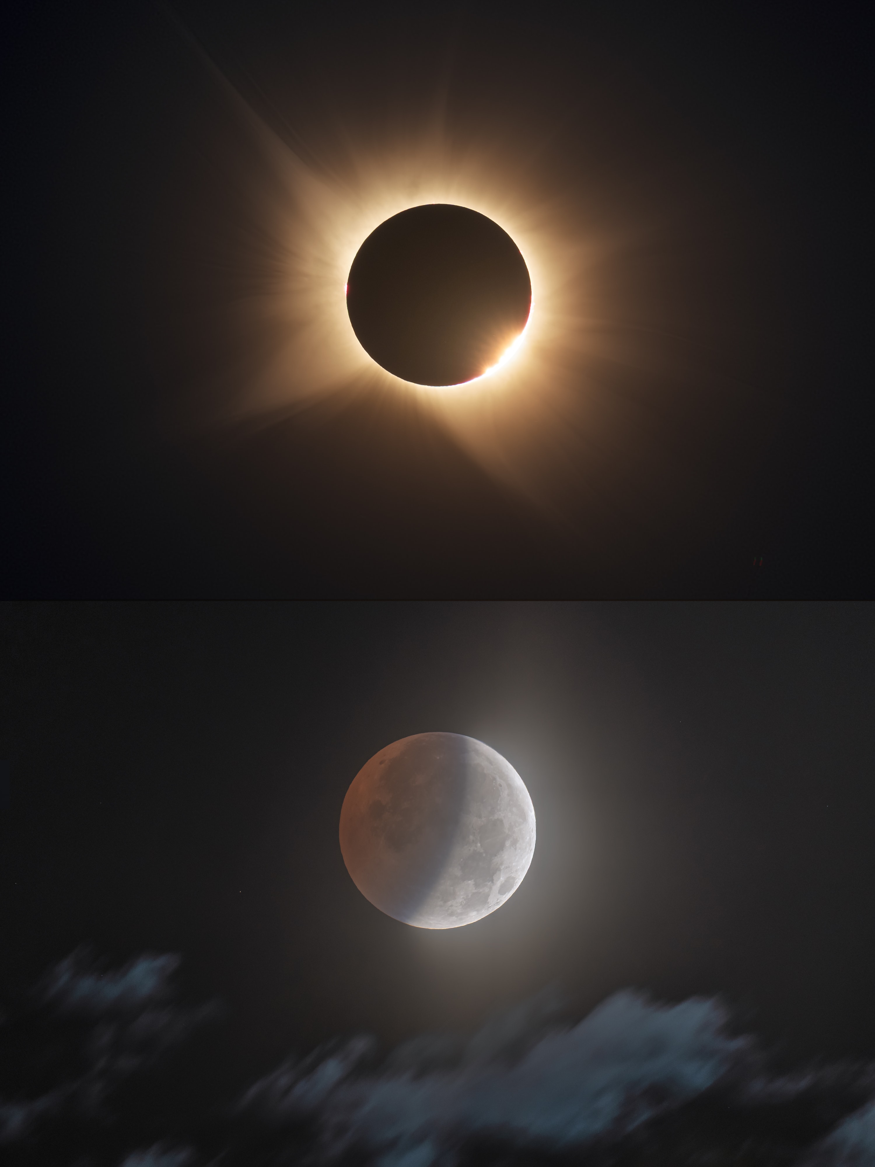 clipses tend to come in pairs. Twice a year, during an eclipse season that lasts about 34 days, Sun, Moon, and Earth can nearly align. Then the new and full phases of the Moon, separated by just over 14 days, create a solar and a lunar eclipse. But only rarely is the alignment at both new moon and full moon during a single eclipse season close enough to produce a pair with both total solar and lunar eclipses. More often, partial eclipses are part of any eclipse season. But, the last eclipse season of 2026 did produce this fortnight-separated pairing of a total solar eclipse on August 12 (top) and an almost total lunar eclipse on the night of August 27/28. At New Moon, the solar eclipse was captured at Peñafiel, Spain near the begining of totality in this HDR composite image, revealing a flash of Bailey's beads and a golden solar corona. At the following Full Moon, the deep partial lunar eclipse was recorded from Sèvres, France. Also an HDR composite, the image shows this partial eclipse at closer to half its 93 percent maximum phase, so about half the visible lunar disk appears darkened and reddened within Earth's umbral shadow. The coming eclipse season will see an annular solar eclipse on 2027 February 6 paired with a penumbral lunar eclipse on February 20/21.   Growing Gallery: Lunar Eclipse of 2026 August 28 APOD's main NASA site is moving: From apod.nasa.gov to science.nasa.gov/apod