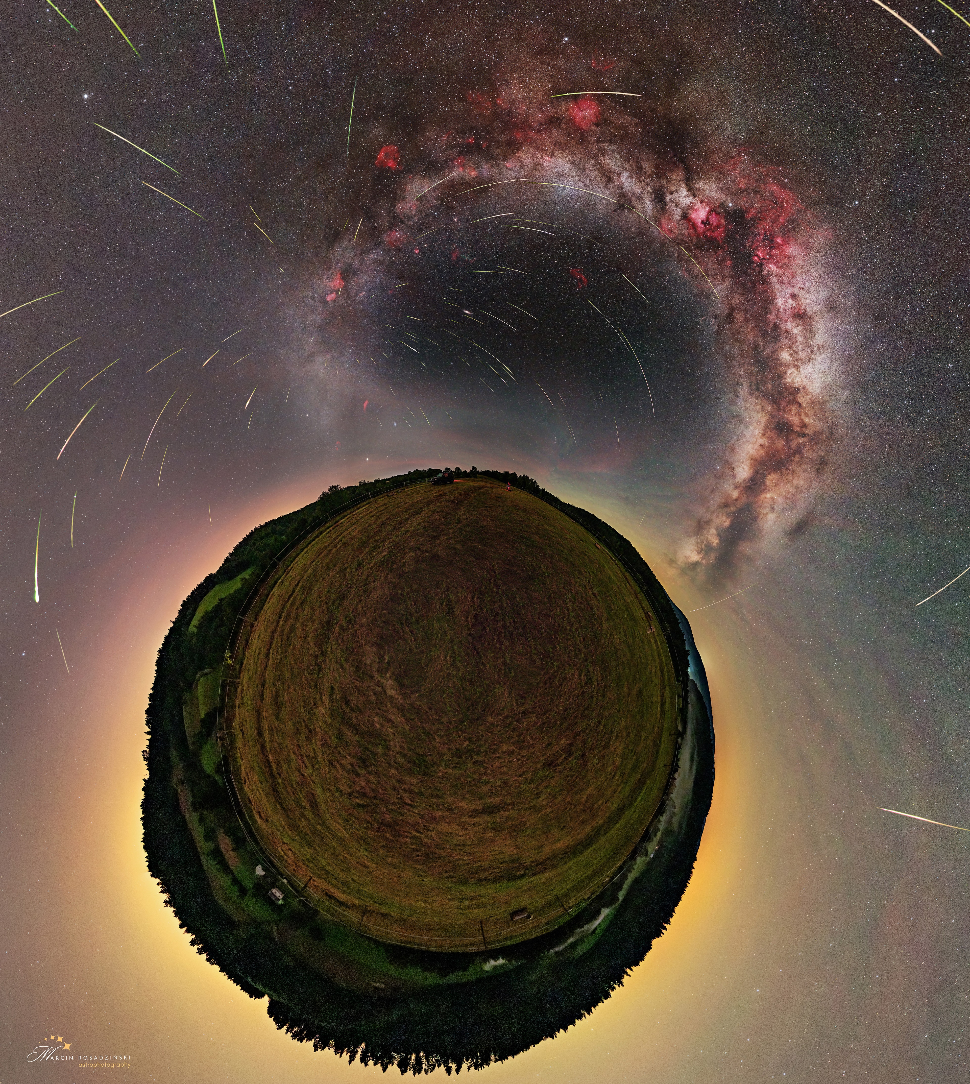 It looks like a view from the Little Prince's planet.   The featured image is a throwback to the 2024 Perseid meteor shower, surrounded in this projection by the Bieszczady Mountains in Poland.   Visible in the sky is the arch of the Milky Way, along with several nebulas in red and over a hundred meteors pointing to the radiant.     The Perseids are easily visible and quite popular in the Northern Hemisphere summer. (Watching meteor showers in the winter is less convenient for a good reason).     This year they are expected to offer an even more dazzling spectacle than usual, because the peak coincides with a new moon.   The 2026 Perseid meteor shower will peak tonight with as many as 50-100 meteors per hour, when the Earth's path crosses through debris left behind by Comet Swift-Tuttle.   Typically, the best times for seeing the meteors are between midnight and pre-dawn.   You won't need binoculars to see the meteors, but a lawn chair and a dark sky location help.       There is total solar eclipse happening today! See here if you are in the path of totality.
