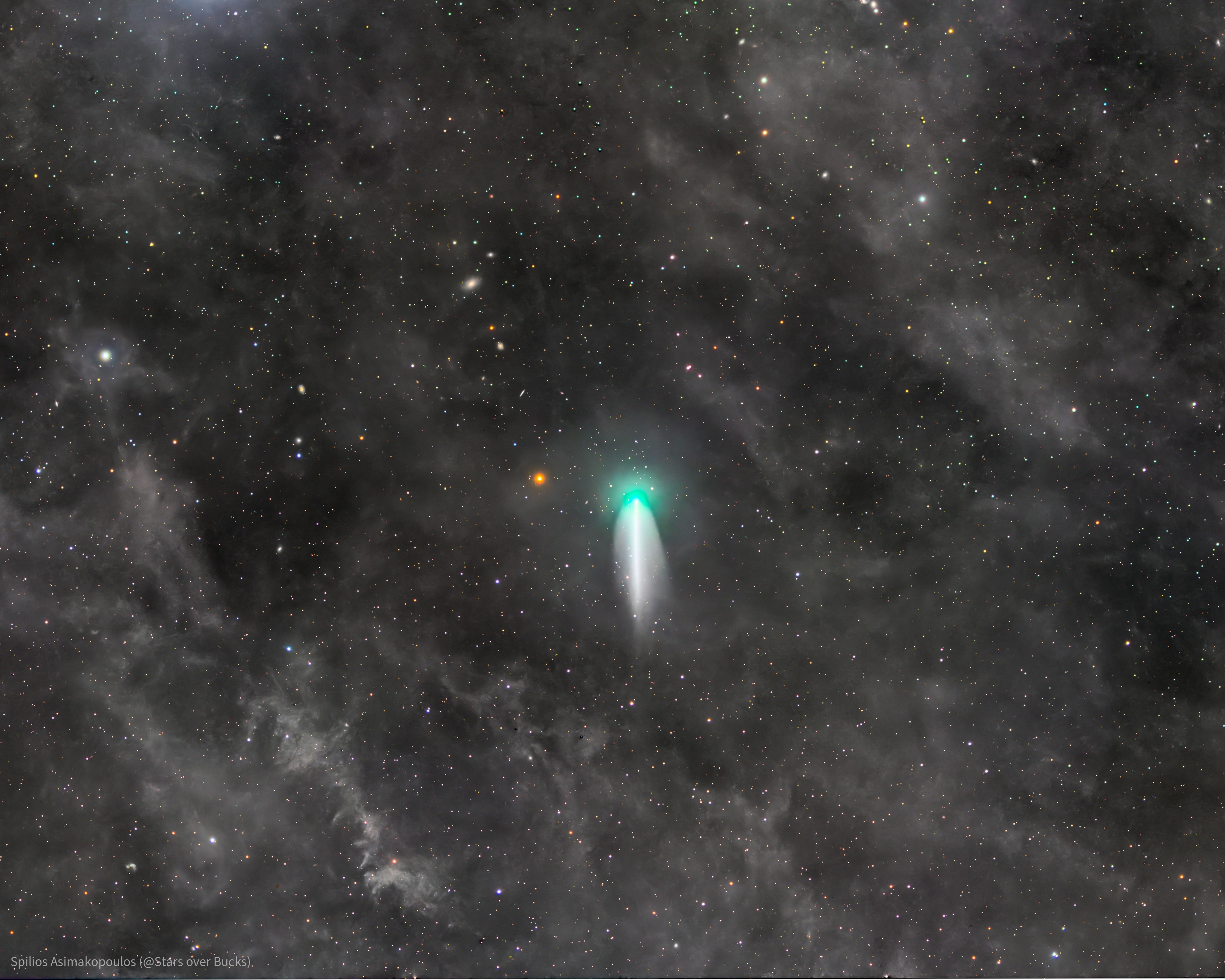 Comet 220P is unexpectedly bright. Normally, periodic Comet 220P/McNaught is so dim that to see it requires a telescope. Two surprising outbursts this year, however, have made it about 20,000 times brighter than usual, so that it is now visible with binoculars and long-duration camera exposures. As expected, Comet 220P continues to orbit the Sun between Mars and Jupiter with a period of over 5 years.  The featured long duration exposure, taken 10 days ago from South Africa, shows the comet's bright green head and short dust tail.  Reasons for Comet 220P's impressive outbursts are unknown but could be caused by the release of built-up subsurface gas or comet quakes.  Comet 220P will pass about one Earth-Sun distance from the Earth in October, after which it is expected to fade quickly  as it begins its return to the far part of its orbit.   APOD's main NASA site is moving : From apod.nasa.gov to science.nasa.gov/apod