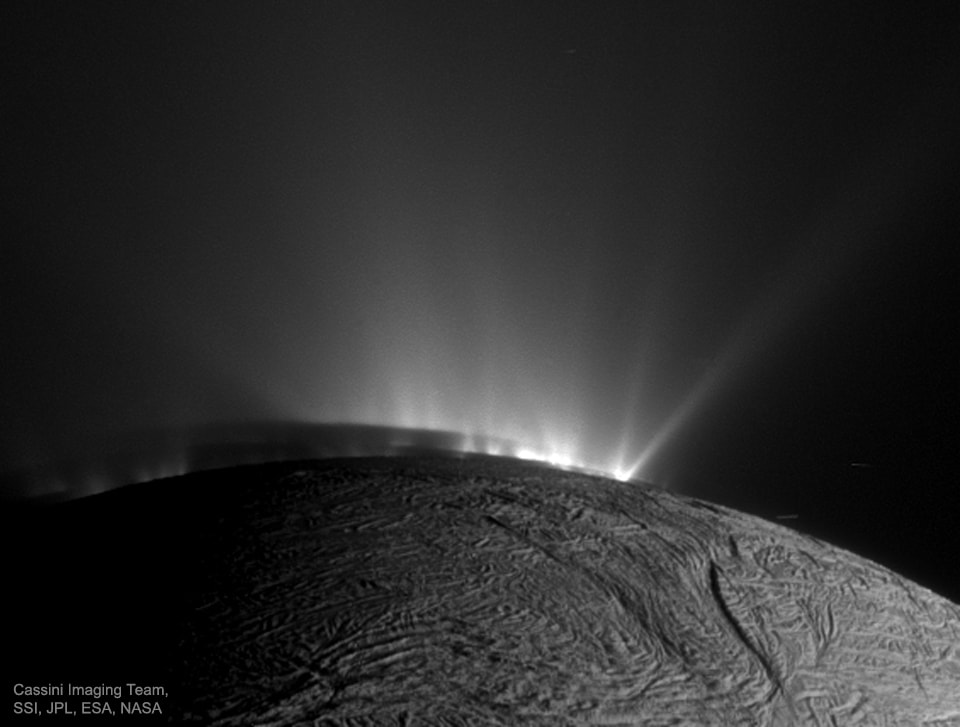 Does Enceladus have underground oceans that could support life? The discovery of jets spewing water vapor and ice was detected by the Saturn-orbiting Cassini spacecraft in 2005. The origin of the water feeding the jets, however, was originally unknown. Since discovery, evidence has been accumulating that Enceladus has a deep underground sea, warmed by tidal flexing. Pictured here, the textured surface of Enceladus is visible in the foreground, while rows of plumes rise from ice fractures in the distance. These jets are made more visible by the Sun angle and the encroaching shadow of night. A recent fly-through has found evidence that a plume -- and so surely the underlying sea -- is rich in molecular hydrogen, a viable food source for microbes that could potentially be living there.