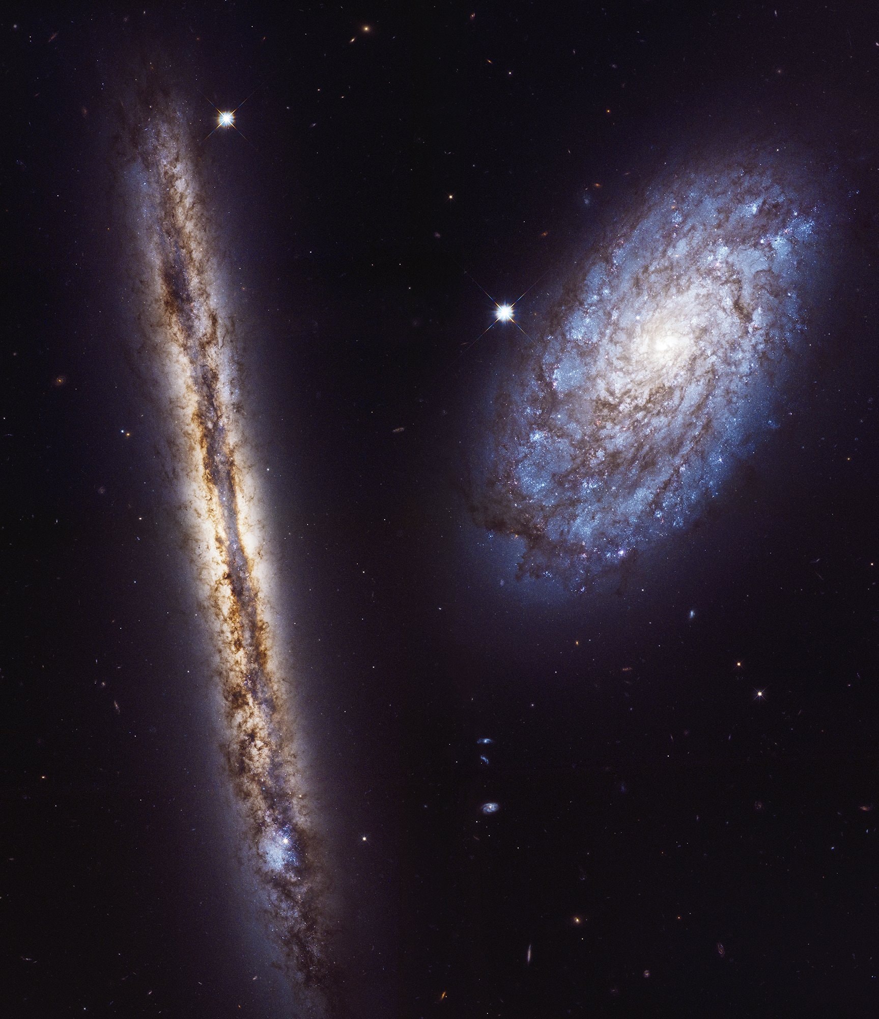 Seen edge-on, spiral galaxy NGC 4302 (left) lies about 55 million light-years away in the well-groomed constellation Coma Berenices. A member of the large Virgo Galaxy Cluster, it spans some 87,000 light-years, a little smaller than our own Milky Way. Like the Milky Way, NGC 4302's prominent dust lanes cut along the center of the galactic plane, obscuring and reddening the starlight from our perspective. Smaller companion galaxy NGC 4298 is also a dusty spiral. But tilted more nearly face-on to our view, NGC 4298 can show off dust lanes along spiral arms traced by the bluish light of young stars, as well as its bright yellowish core. In celebration of the 27th anniversary of the launch of the Hubble Space Telescope on April 24, 1990, astronomers used the legendary telescope to take this gorgeous visible light portrait of the contrasting galaxy pair. Tonight Watch: The Lyrid Meteor Shower
