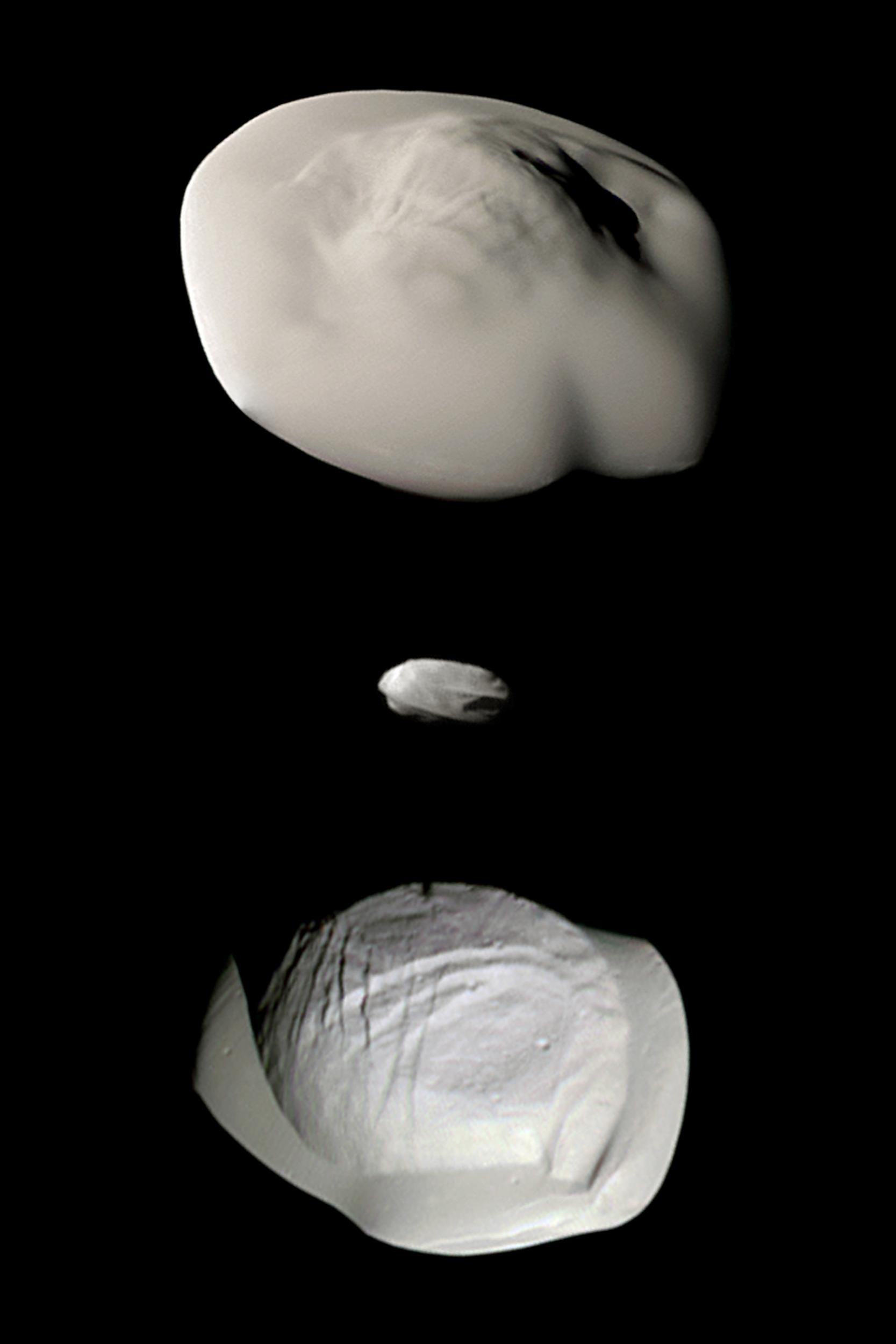 Atlas, Daphnis, and Pan are small, inner, ring moons of Saturn, shown at the same scale in this montage of images from the still Saturn-orbiting Cassini spacecraft. In fact, Daphnis was discovered in Cassini images from 2005. Atlas and Pan were first sighted in images from the Voyager 1 and 2 spacecraft. Flying saucer-shaped Atlas orbits near the outer edge of Saturn's bright A Ring while Daphnis orbits inside the A Ring's narrow Keeler Gap and Pan within the A Ring's larger Encke Gap. The curious equatorial ridges of the small ring moons could be built up by the accumulation of ring material over time. Even diminutive Daphnis makes waves in the ring material as it glides along the edge of the Keeler Gap.