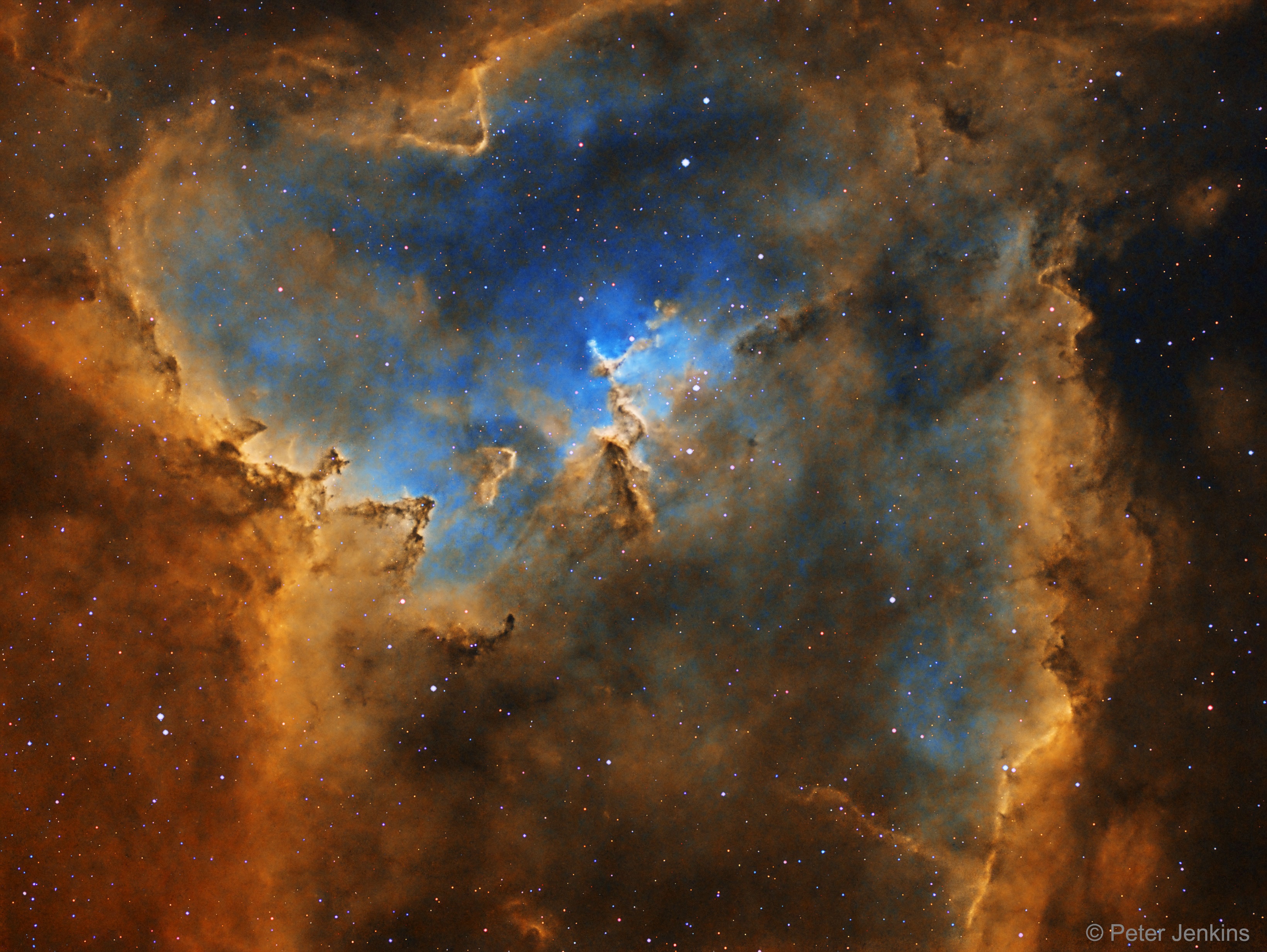 What powers the Heart Nebula? The large emission nebula dubbed IC 1805 looks, in whole, like a heart. The nebula's glow -- as well as the shape of the gas and dust clouds -- is powered by by stellar winds and radiation from massive hot stars in the nebula's newborn star cluster Melotte 15. This deep telescopic image maps the pervasive light of narrow emission lines from atoms of hydrogen, oxygen, and sulfur in the nebula. The field of view spans just over two degrees on the sky, so that it appears larger than four times the diameter of a full moon. The cosmic heart is found in the constellation of Cassiopeia, the boastful mythical Queen of Aethiopia .