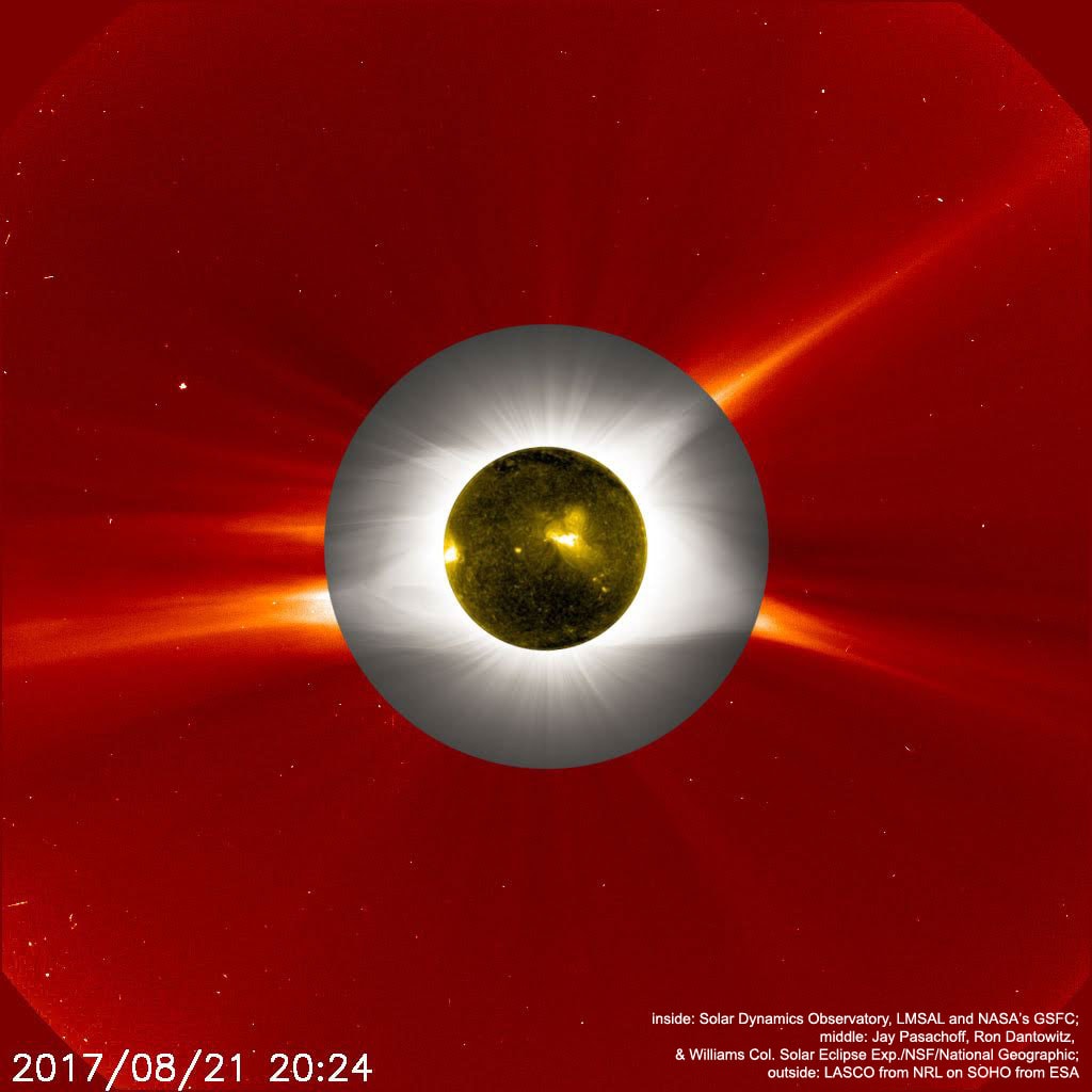 Neither rain, nor snow, nor dark of night can keep a space-based spacecraft from watching the Sun. In fact, from its vantage point 1.5 million kilometers sunward of planet Earth, NASA's SOlar Heliospheric Observatory (SOHO) can always monitor the Sun's outer atmosphere, or corona. But only during a total solar eclipse can Earth-based observers also see the lovely coronal streamers and structures - when the Moon briefly blocks the overwhelmingly bright solar surface. Then, it becomes possible to follow detailed coronal activity all the way down to the Sun's surface. In the outside layer of this composite image, SOHO's uninterrupted view of the solar corona during last month's eclipse is shown in orange hues. The middle, donut-shaped region is the corona as recorded by the Williams College Eclipse Expedition to Salem, Oregon. Simultaneously, the inner view is from NASA's Earth-orbiting Solar Dynamics Observatory, which, being outside of totality, was able to image the face of the Sun in extreme ultraviolet light, shown in gold.