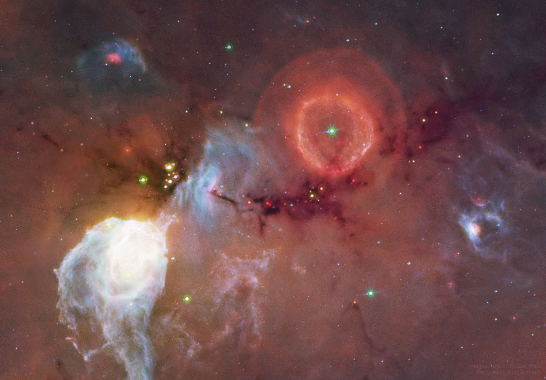 Stars this volatile are quite rare. Captured in the midst of dust clouds and visible to the right and above center is massive G79.29+0.46, one of less than 100 luminous blue variable stars (LBVs) currently known in our Galaxy. LBVs expel shells of gas and may lose even the mass of Jupiter over 100 years. The star, itself bright and blue, is shrouded in dust and so not seen in visible light. The dying star appears green and surrounded by red shells, though, in this mapped-color infrared picture combining images from NASA's Spitzer Space Observatory and NASA's Wide-Field Infrared Survey Explorer. G79.29+0.46 is located in the star-forming Cygnus X region of our Galaxy. Why G79.29+0.46 is so volatile, how long it will remain in the LBV phase, and when it will explode in a supernova is not known. Free Download: The 2018 APOD Calendar
