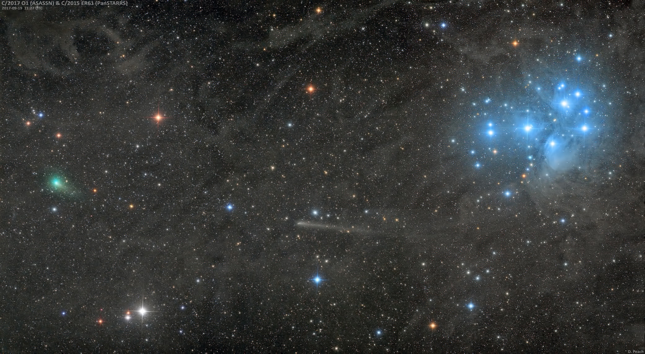Two unusual spots are on the move near the famous Pleiades star cluster. Shifting only a small amount per night, these spots are actually comets in our nearby Solar System that by chance wandered into the field of the light-years distant stars. On the far left is comet C/2017 O1 ASAS-SN, a multi-kilometer block of evaporating ice sporting a bright coma of surrounding gas dominated by green-glowing carbon. Comet ASAS-SN1 shows a slight tail to its lower right. Near the frame center is comet C/2015 ER61 PanSTARRS, also a giant block of evaporating ice, but sporting a rather long tail to its right. On the upper right is the Pleiades, an open cluster dominated by bright blue stars illuminating nearby reflecting dust. This exposure, taken about two weeks ago, is so deep that the filamentary interstellar dust can be traced across the entire field. The Pleiades is visible to the unaided eye, but it should require binoculars to see the comets.