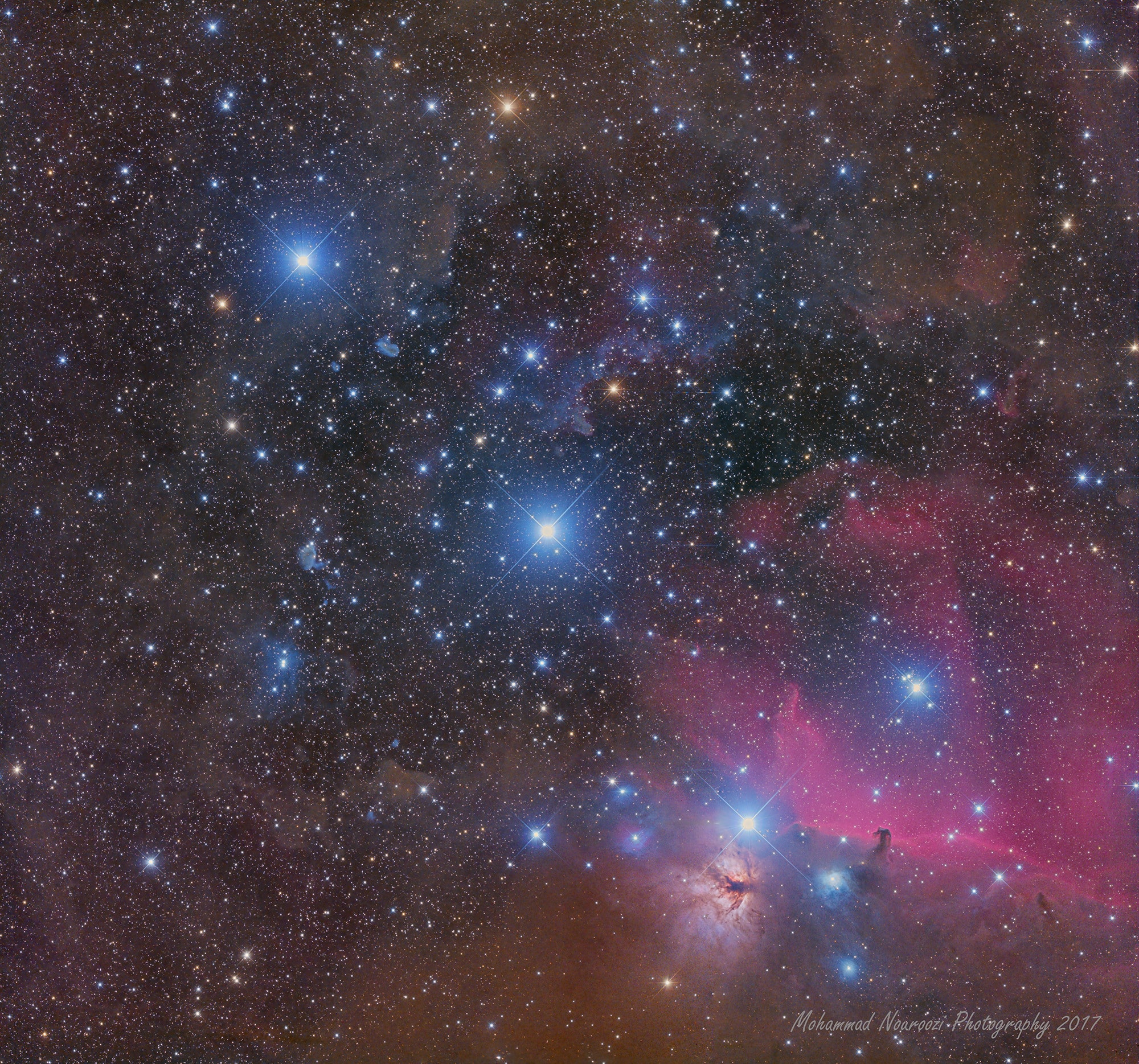 Alnitak, Alnilam, and Mintaka, are the bright bluish stars from east to west (lower right to upper left) along the diagonal in this cosmic vista. Otherwise known as the Belt of Orion, these three blue supergiant stars are hotter and much more massive than the Sun. They lie from 800 to 1,500 light-years away, born of Orion's well-studied interstellar clouds. In fact, clouds of gas and dust adrift in this region have some surprisingly familiar shapes, including the dark Horsehead Nebula and Flame Nebula near Alnitak at the lower right. The famous Orion Nebula itself is off the right edge of this colorful starfield. This well-framed, 2-panel telescopic mosaic spans about 4 degrees on the sky.