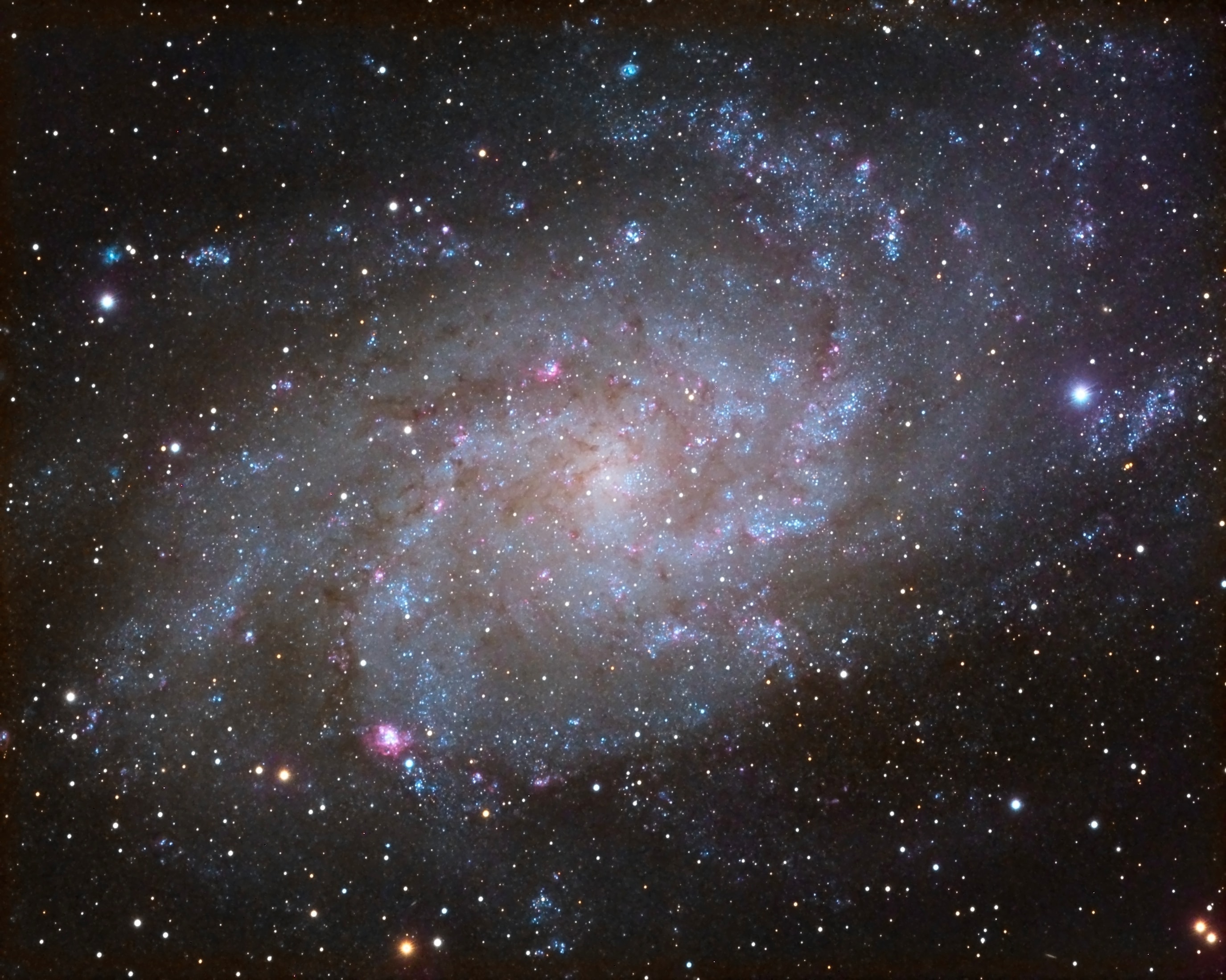 The small, northern constellation Triangulum harbors this magnificent face-on spiral galaxy, M33. Its popular names include the Pinwheel Galaxy or just the Triangulum Galaxy. M33 is over 50,000 light-years in diameter, third largest in the Local Group of galaxies after the Andromeda Galaxy (M31), and our own Milky Way. About 3 million light-years from the Milky Way, M33 is itself thought to be a satellite of the Andromeda Galaxy and astronomers in these two galaxies would likely have spectacular views of each other's grand spiral star systems. As for the view from planet Earth, this sharp composite image nicely shows off M33's blue star clusters and pinkish star forming regions along the galaxy's loosely wound spiral arms. In fact, the cavernous NGC 604 is the brightest star forming region, seen here at about the 7 o'clock position from the galaxy center. Like M31, M33's population of well-measured variable stars have helped make this nearby spiral a cosmic yardstick for establishing the distance scale of the Universe.