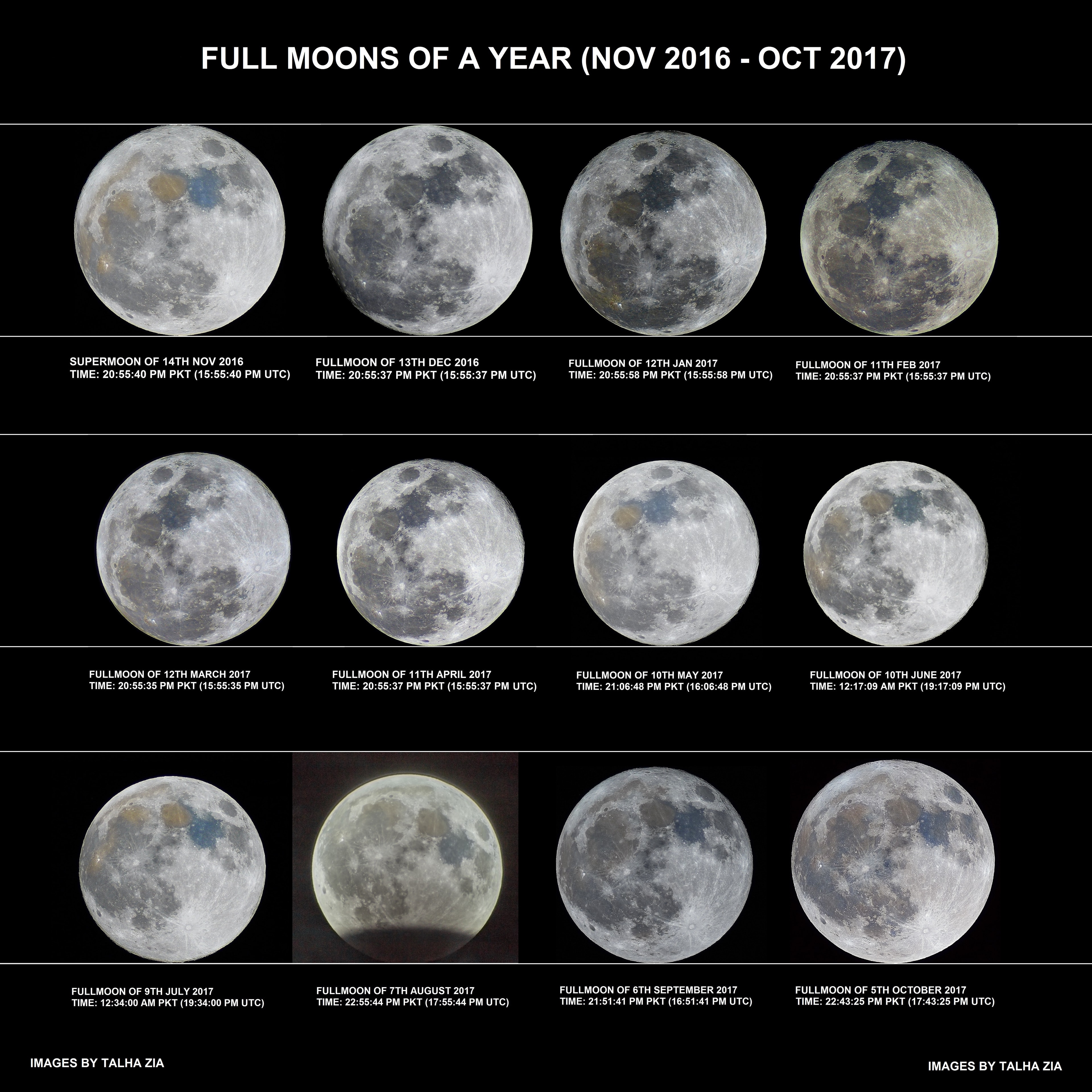 Do all full moons look the same? No. To see the slight differences, consider this grid of twelve full moons. From upper left to lower right, the images represent every lunation from 2016 November through 2017 October, as imaged from Pakistan. The consecutive full moons are all shown at the same scale, so unlike the famous Moon Illusion, the change in apparent size seen here is real. The change is caused by the variation in lunar distance due to the Moon's significantly non-circular orbit. The dark notch at the bottom of the full moon of 2017 August is the shadow of the Earth -- making this a partial lunar eclipse. Besides the sometimes exaggerated coloring, a subtler change in appearance can also be noticed on close examination, as the Moon seems to wobble slightly from one full moon to the next. This effect, known as libration, is more dramatic and easier to see in this lunation video highlighting all of the ways that the Moon appears to change over a month (moon-th).
