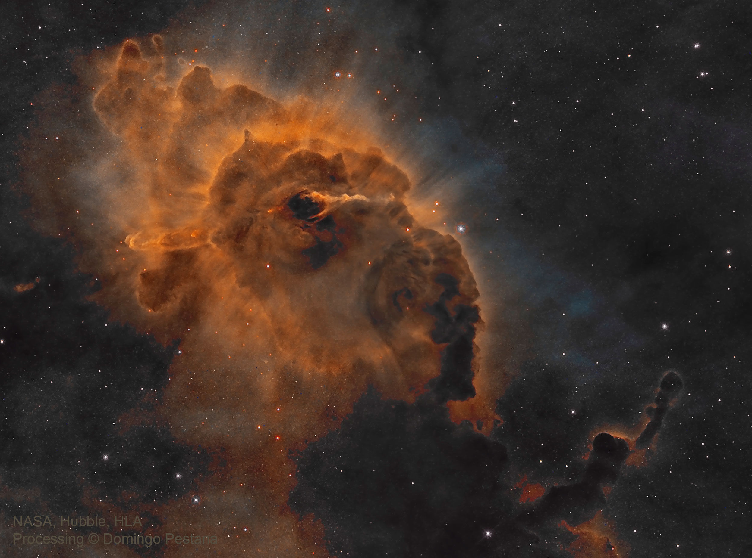 To some, it may look like a beehive harboring an evil bee. In reality, the featured Hubble image captures a cosmic pillar of dust, two-light years long, inside of which is Herbig-Haro 666 -- a young star emitting powerful jets. The structure lies within one of our galaxy's largest star forming regions, the Carina Nebula, shining in southern skies at a distance of about 7,500 light-years. The pillar's layered outline are shaped by the winds and radiation of Carina's young, hot, massive stars, some of which are still forming inside the nebula. A dust-penetrating view in infrared light better shows the two, narrow, energetic jets blasting outward from a still hidden infant star. Open Science: Browse 1,500+ codes in the Astrophysics Source Code Library