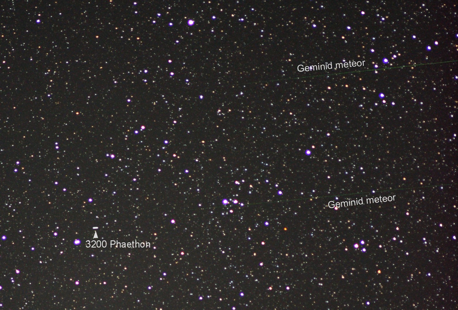 Based on its well-measured orbit, 3200 Phaethon (sounds like FAY-eh-thon) is recognized as the source of the meteroid stream responsible for the annual Geminid meteor shower. Even though most meteor showers' parents are comets, 3200 Phaethon is a known and closely tracked near-Earth asteroid with a 1.4 year orbital period. Rocky and sun-baked, its perihelion or closest approach to the Sun is well within the orbit of innermost planet Mercury. In this telescopic field of view, the asteroid's rapid motion against faint background stars of the heroic constellation Perseus left a short trail during the two minute total exposure time. The parallel streaks of its meteoric children flashed much more quickly across the scene. The family portrait was recorded near the Geminid meteor shower's very active peak on December 13. That was just before 3200 Phaethon's historic December 16 closest approach to planet Earth. Gallery: Images from yesterday's photogenic SpaceX launch in California