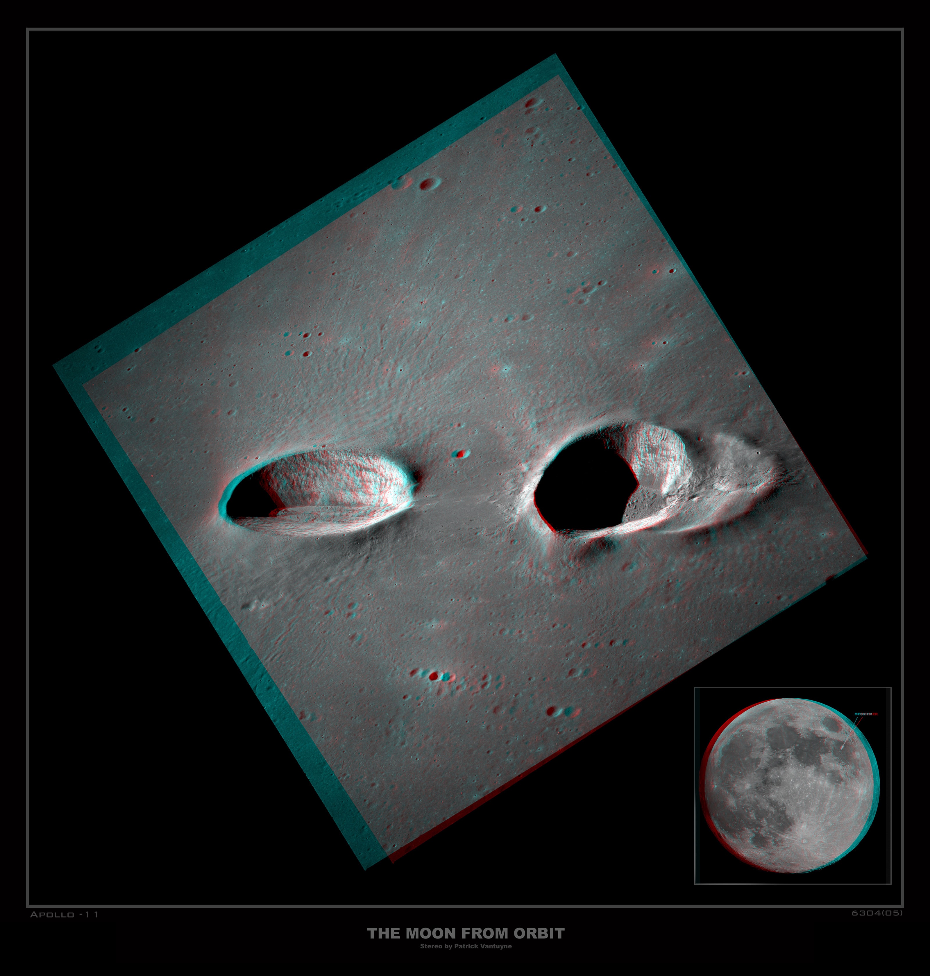 Many bright nebulae and star clusters in planet Earth's sky are associated with the name of astronomer Charles Messier, from his famous 18th century catalog. His name is also given to these two large and remarkable craters on the Moon. Standouts in the dark, smooth lunar Sea of Fertility or Mare Fecunditatis, Messier (left) and Messier A have dimensions of 15 by 8 and 16 by 11 kilometers respectively. Their elongated shapes are explained by a left-to-right moving, extremely shallow-angle trajectory followed by an impactor that gouged out the craters. The shallow impact also resulted in two bright rays of material extending along the surface to the right, beyond the picture. Intended to be viewed with red/blue glasses (red for the left eye), this striking stereo picture of the crater pair was recently created from high resolution scans of two images (AS11-42-6304, AS11-42-6305) taken during the Apollo 11 mission to the moon.
