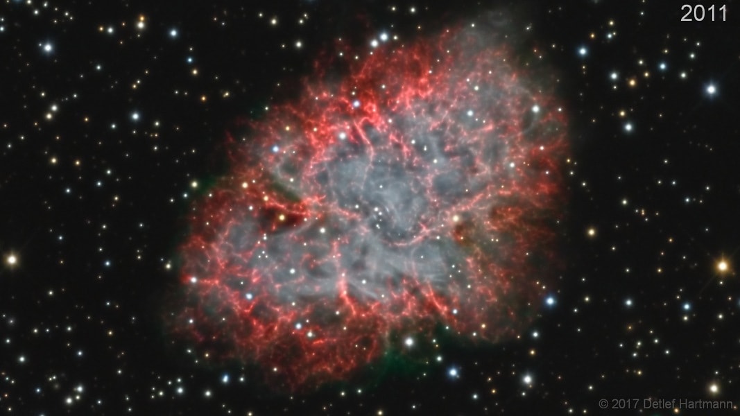 The Crab Nebula is cataloged as M1, the first on Charles Messier's famous list of things which are not comets. In fact, the Crab is now known to be a supernova remnant, an expanding cloud of debris from the explosion of a massive star. The violent birth of the Crab was witnessed by astronomers in the year 1054. Roughly 10 light-years across today, the nebula is still expanding at a rate of over 1,000 kilometers per second. Over the past decade, its expansion has been documented in this stunning time-lapse movie. In each year from 2008 to 2017, an image was produced with the same telescope and camera from a remote observatory in Austria. Combined in the time-lapse movie, the 10 images represent 32 hours of total integration time. The sharp, processed frames even reveal the dynamic energetic emission within the incredible expanding Crab. The Crab Nebula lies about 6,500 light-years away in the constellation Taurus.