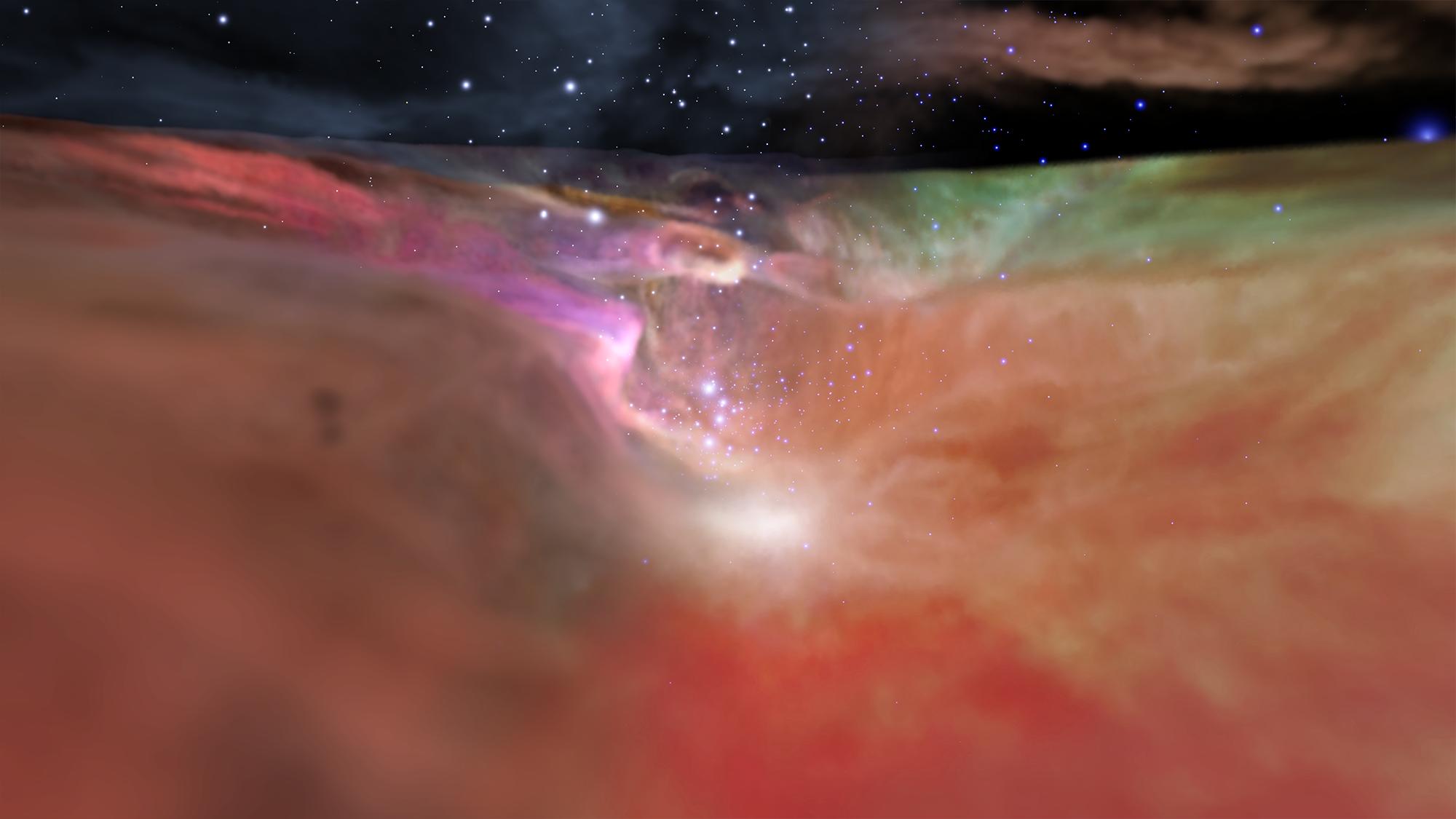 This exciting and unfamiliar view of the Orion Nebula is a visualization based on astronomical data and movie rendering techniques. Up close and personal with a famous stellar nursery normally seen from 1,500 light-years away, the digitally modeled frame transitions from a visible light representation based on Hubble data on the left to infrared data from the Spitzer Space Telescope on the right. The perspective at the center looks along a valley over a light-year wide, in the wall of the region's giant molecular cloud. Orion's valley ends in a cavity carved by the energetic winds and radiation of the massive central stars of the Trapezium star cluster. The single frame is part of a multiwavelength, three-dimensional video that lets the viewer experience an immersive, three minute flight through the Great Nebula of Orion.