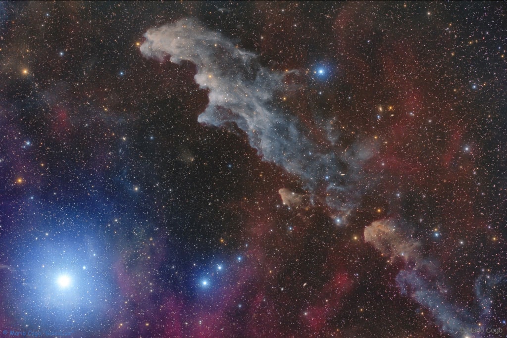 By starlight this eerie visage shines in the dark, a crooked profile evoking its popular name, the Witch Head Nebula. In fact, this entrancing telescopic portrait gives the impression that the witch has fixed her gaze on Orion's bright supergiant star Rigel. More formally known as IC 2118, the Witch Head Nebula spans about 50 light-years and is composed of interstellar dust grains reflecting Rigel's starlight. The blue color of the Witch Head Nebula and of the dust surrounding Rigel is caused not only by Rigel's intense blue starlight but because the dust grains scatter blue light more efficiently than red. The same physical process causes Earth's daytime sky to appear blue, although the scatterers in Earth's atmosphere are molecules of nitrogen and oxygen. Rigel, the Witch Head Nebula, and gas and dust that surrounds them lie about 800 light-years away. Open Science: Browse 1,600+ codes in the Astrophysics Source Code Library